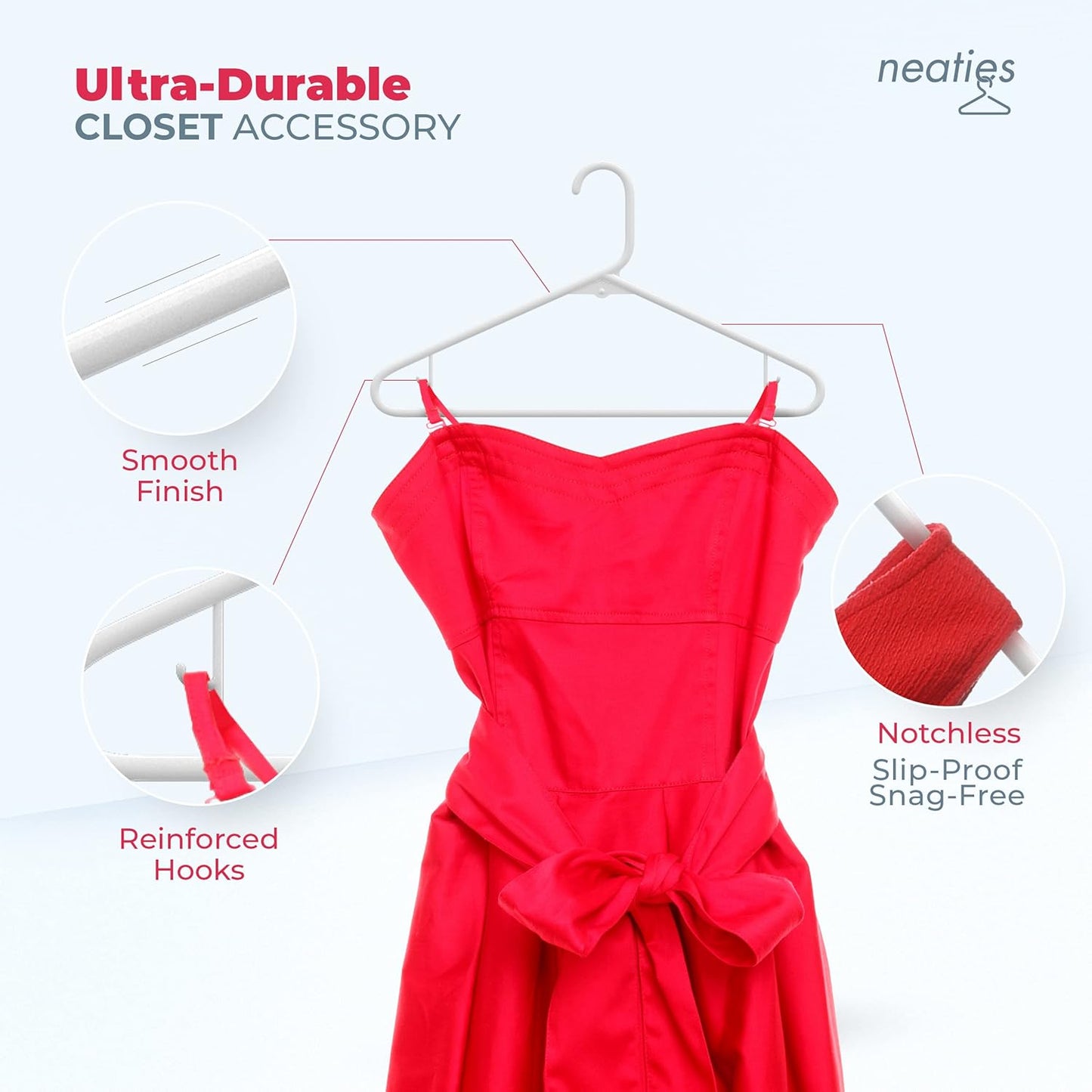 Neaties Plastic Hangers 30 Pack – Made in The USA – 6lb Capacity Standard Clothes Hangers with Strap Hooks for Dresses, Lingerie, Shirts, Pants, and Jackets – White