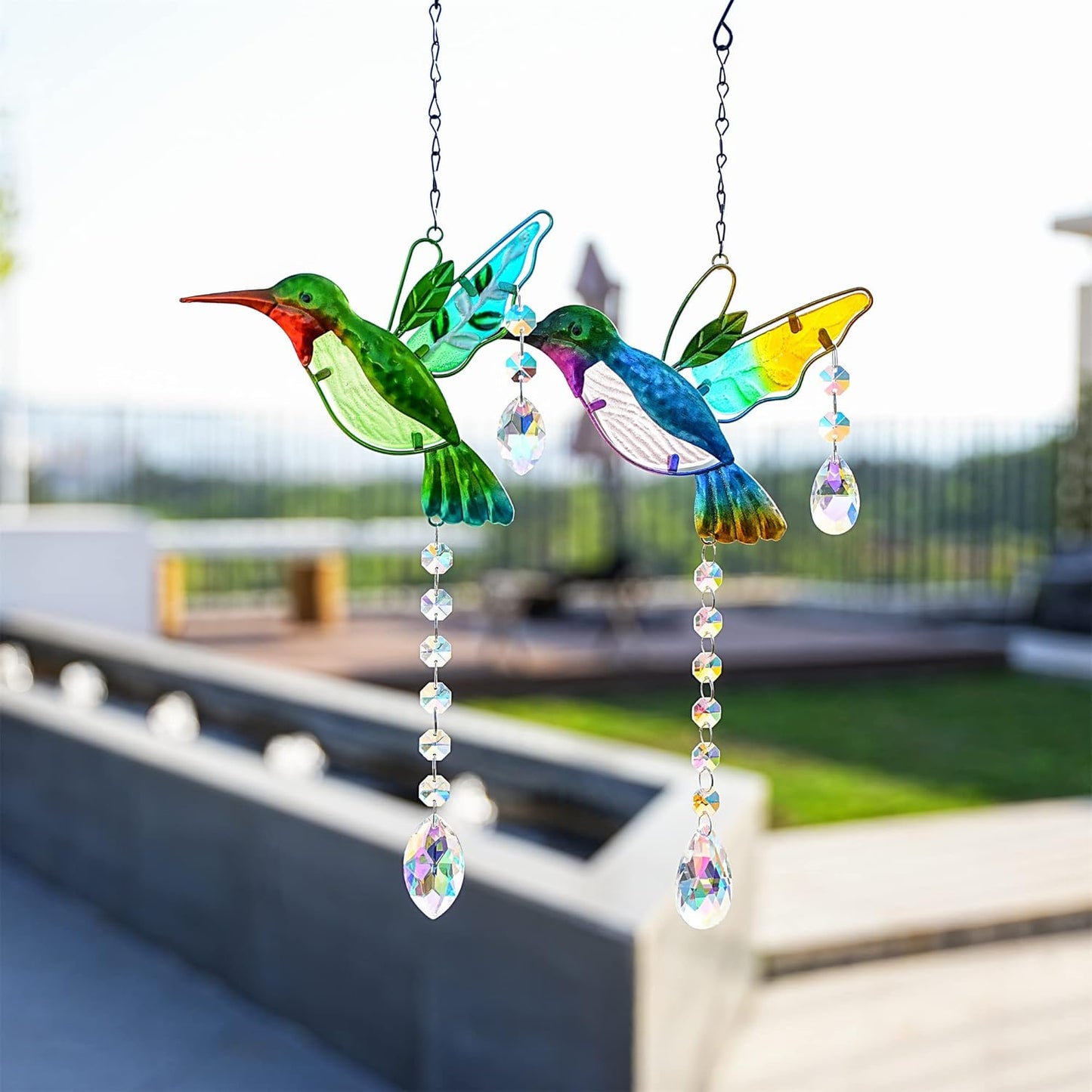 YU FENG 2PCS 18.1" Hummingbird Suncatchers,Stained Glass Window Hanging Ornament for Christmas Tree,Rainbow Maker Crystal Prism Suncatcher Outdoor Indoor Home Garden Party Decoration