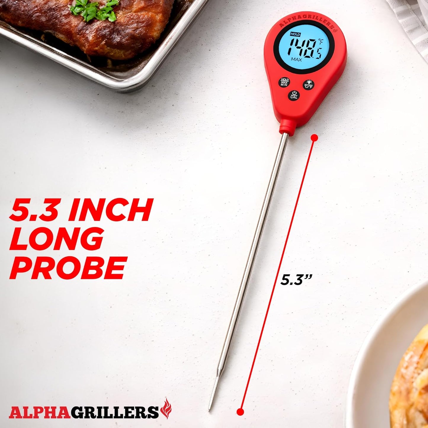 Alpha Grillers Instant Food Thermometer for Meat and Cooking Sourdough Bread Baking Supplies Grilling Gifts for Men Women Gifts for Mom Seniors, Long Probe Large Backlit Display