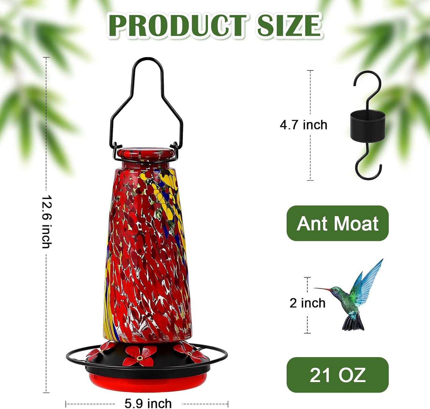 Hummingbird Feeders for Outdoors Hanging, 21 Ounces Glass Nectar Feeder with Ant Moat and 5 Bee Guard Feeding Ports, Leak Proof