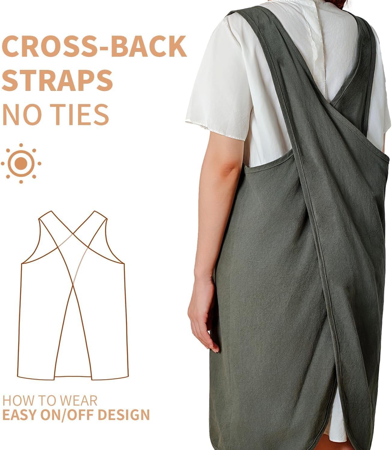Cotton Apron for Women with Pockets, Cross Back Gardening Apron for Co