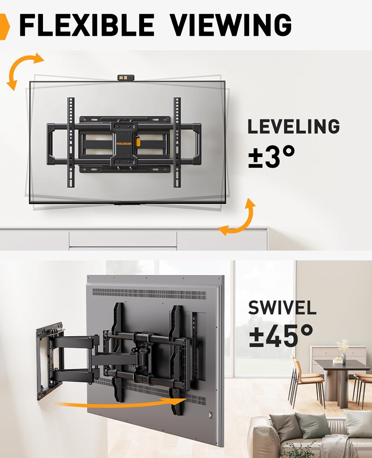 Perlegear Full Motion TV Wall Mount, Heavy Duty TV Mount for 42 55 65 75 85 86 inch Flat/Curved TVs up to 132 lbs, Swivel Tilt Articulating Wall Mount TV Bracket, 16" Studs, Max VESA 600x400mm, PGLF12