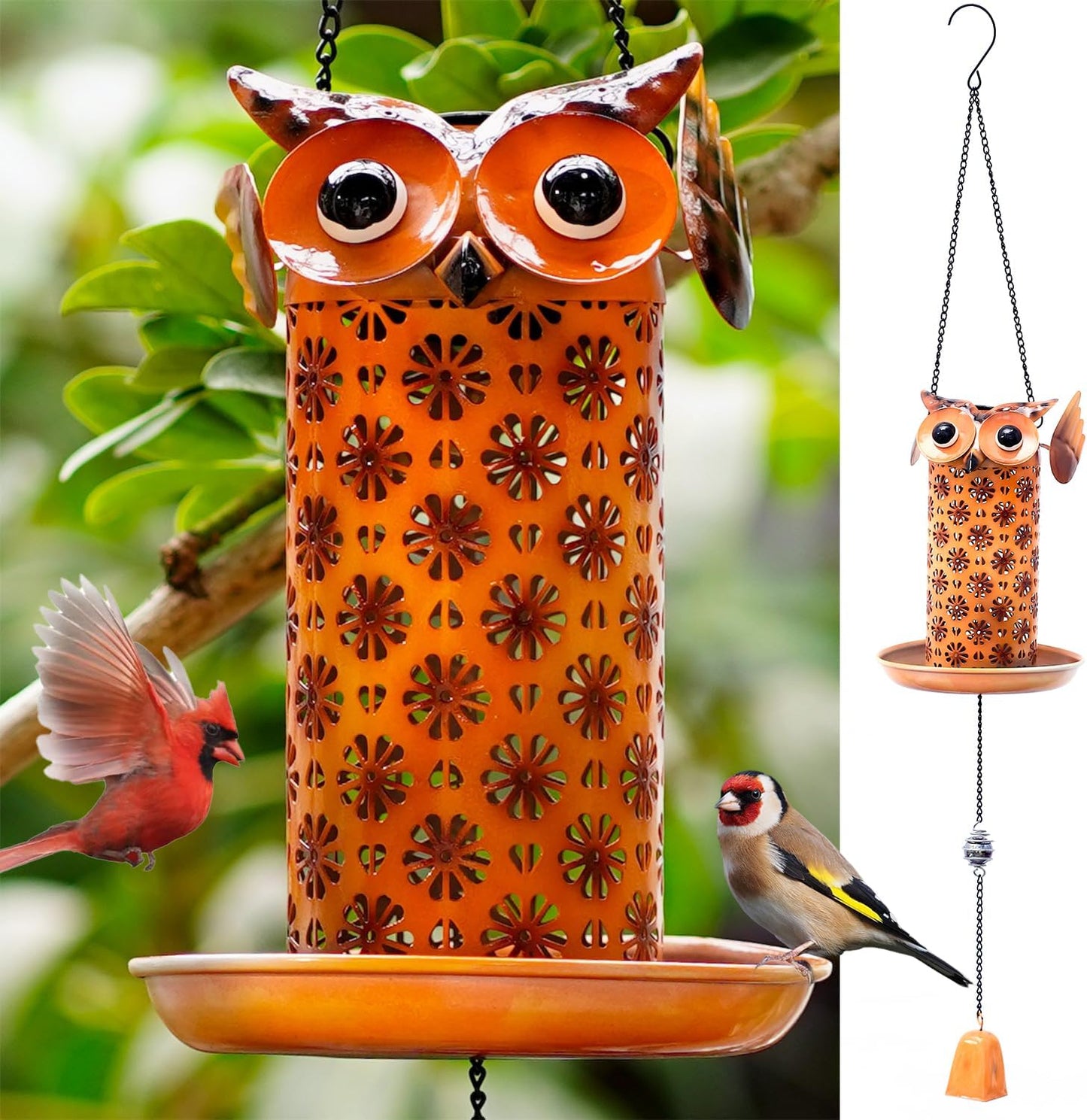 Solar Owl Bird Feeder for Outdoors Hanging - Metal Outside Wild Bird Feeders,Solar Light, Garden Backyard Decoration,Gifts for Bird Lovers,Family, Friends,Elderly.10 High x 6.5" Dia