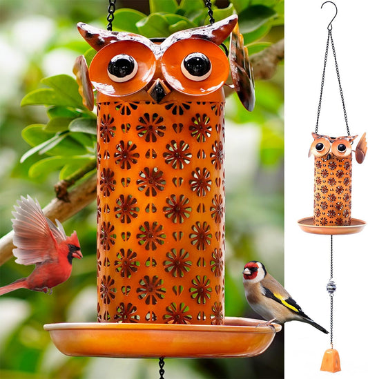 Solar Owl Bird Feeder for Outdoors Hanging - Metal Outside Wild Bird Feeders,Solar Light, Garden Backyard Decoration,Gifts for Bird Lovers,Family, Friends,Elderly.10 High x 6.5" Dia