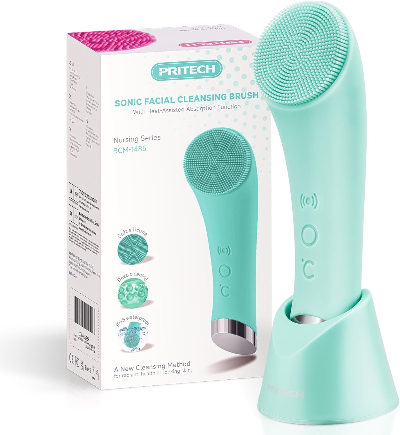 PRITECH Silicone Face Scrubber, Rechargeable Facial Cleansing Brush wi