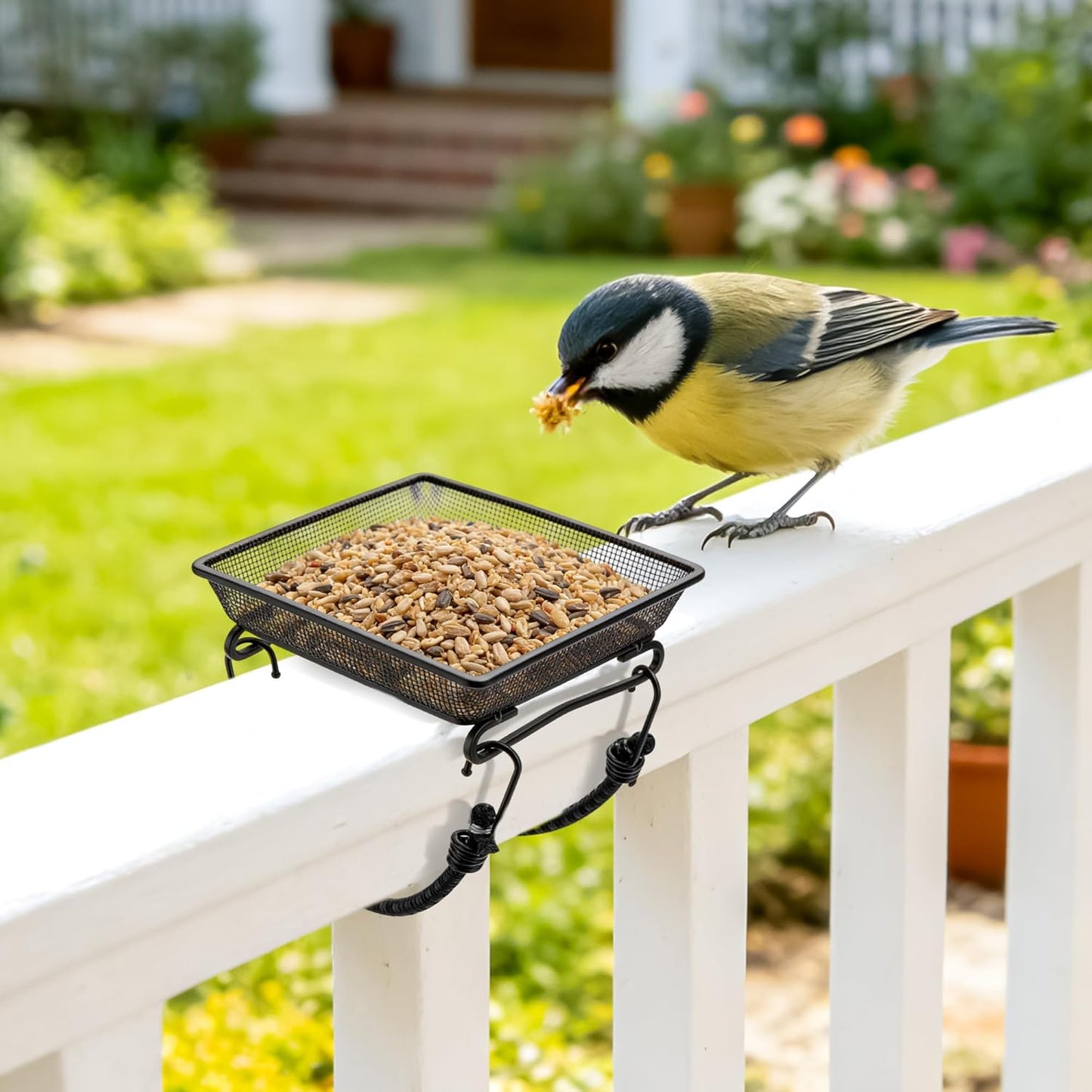 Set of 2 Metal Platform Bird Feeder Tray with 4 Fixed Elastic Rope for Outdoor,7 inch Deck Railing Bird Feeder Tray for Balcony, Backyard,Rust Resistant Design for Wild Birds or Squirrels, Square