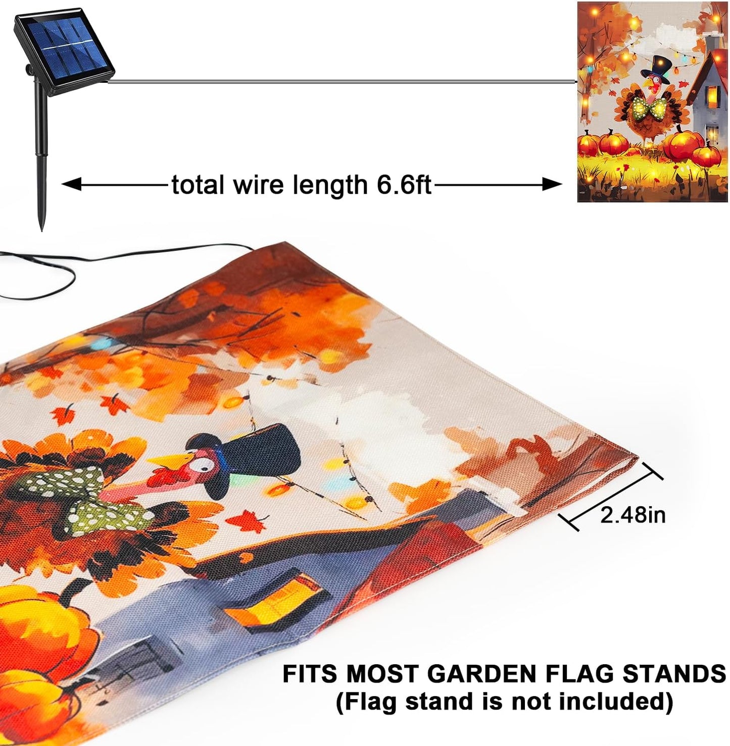 Thanksgiving Lighted Fall Garden Flag, Solar Outdoor Decorative Led Flags Yard Decor, 8 Lighting Modes Led Flag,12x18 Double Sided Turkey Pumpkin Halloween Decorations for Home Porch Outside