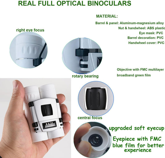 8x21 Compact Binoculars for Adults Teens, Mini Small Full Optical Binoculars for Bird Watching Opera Hiking Hunting Travel Concert (White)