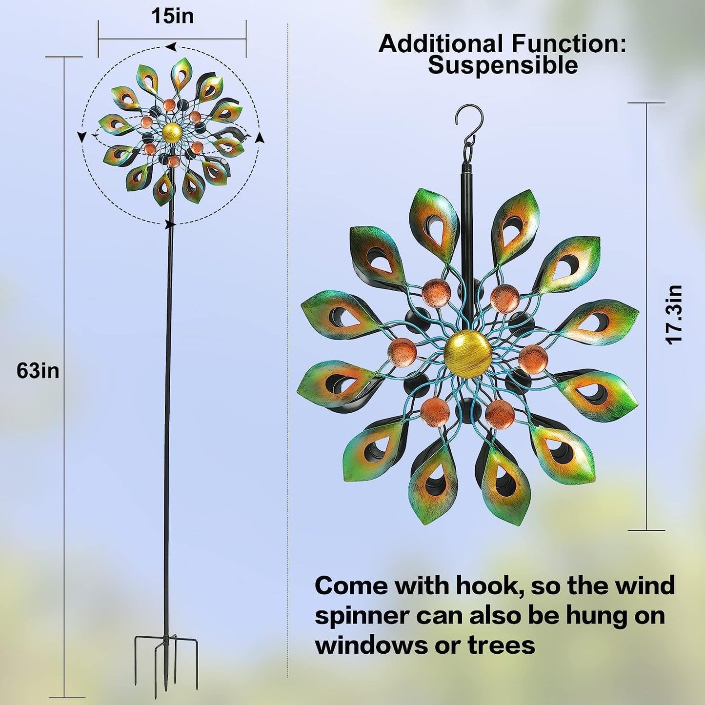 63 Inch Kinetic Wind Spinners with Stake, Metal Windmill Garden Decorations, 360 Swivel Peacock Outdoor Wind Sculpture, Dual Direction Wind Catcher for Yard Art, Lawn Decor, Idea Gifts