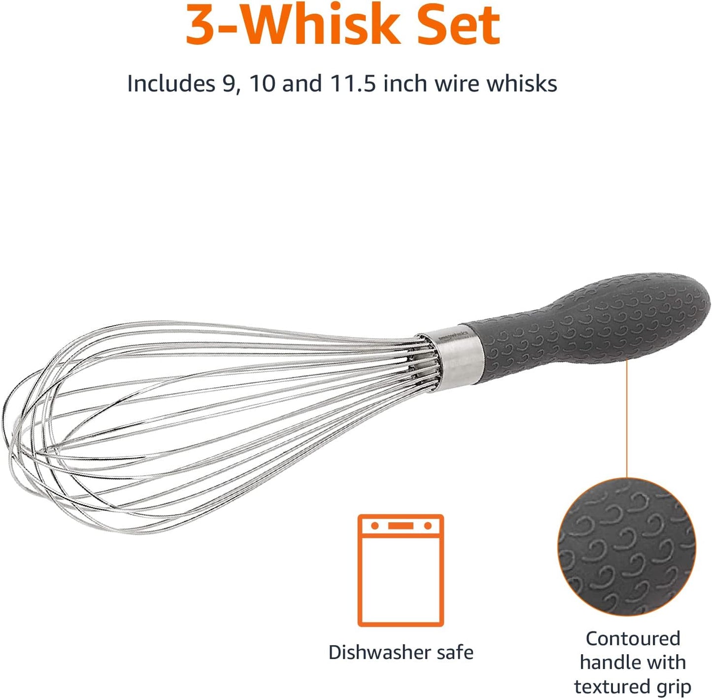 Amazon Basics Stainless Steel Wire Whisk Set for Cooking, Different Sizes, Easy to Hold Ergonomic Handle, 3 Piece, Black/Silver