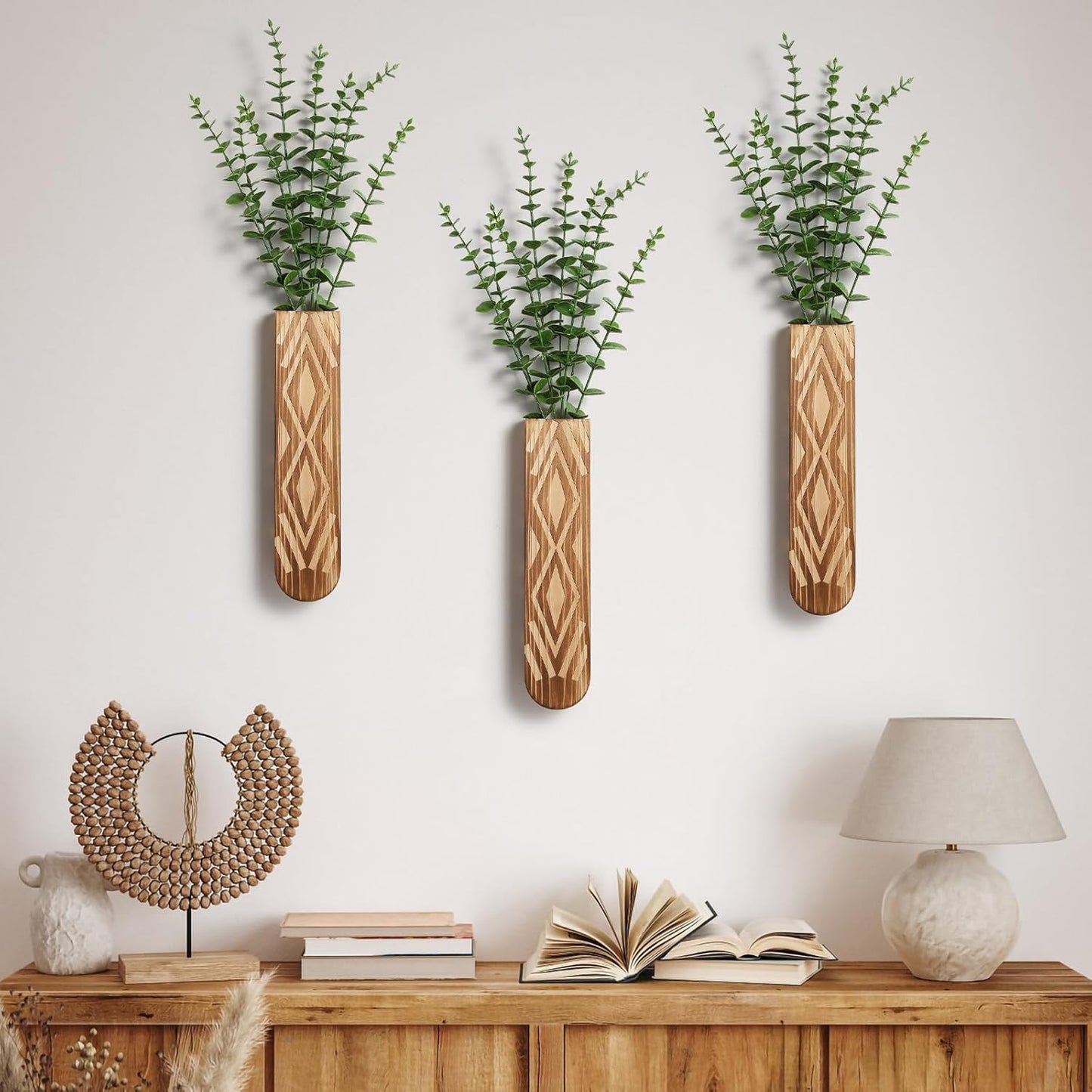3 Pack Wood Wall Planter, Boho Wall Vase for Hallway Decor and Bathroom Decor, Modern Farmhouse Decor, Wooden Hanging Planter for Holding Dried Flowers and Faux Greenery