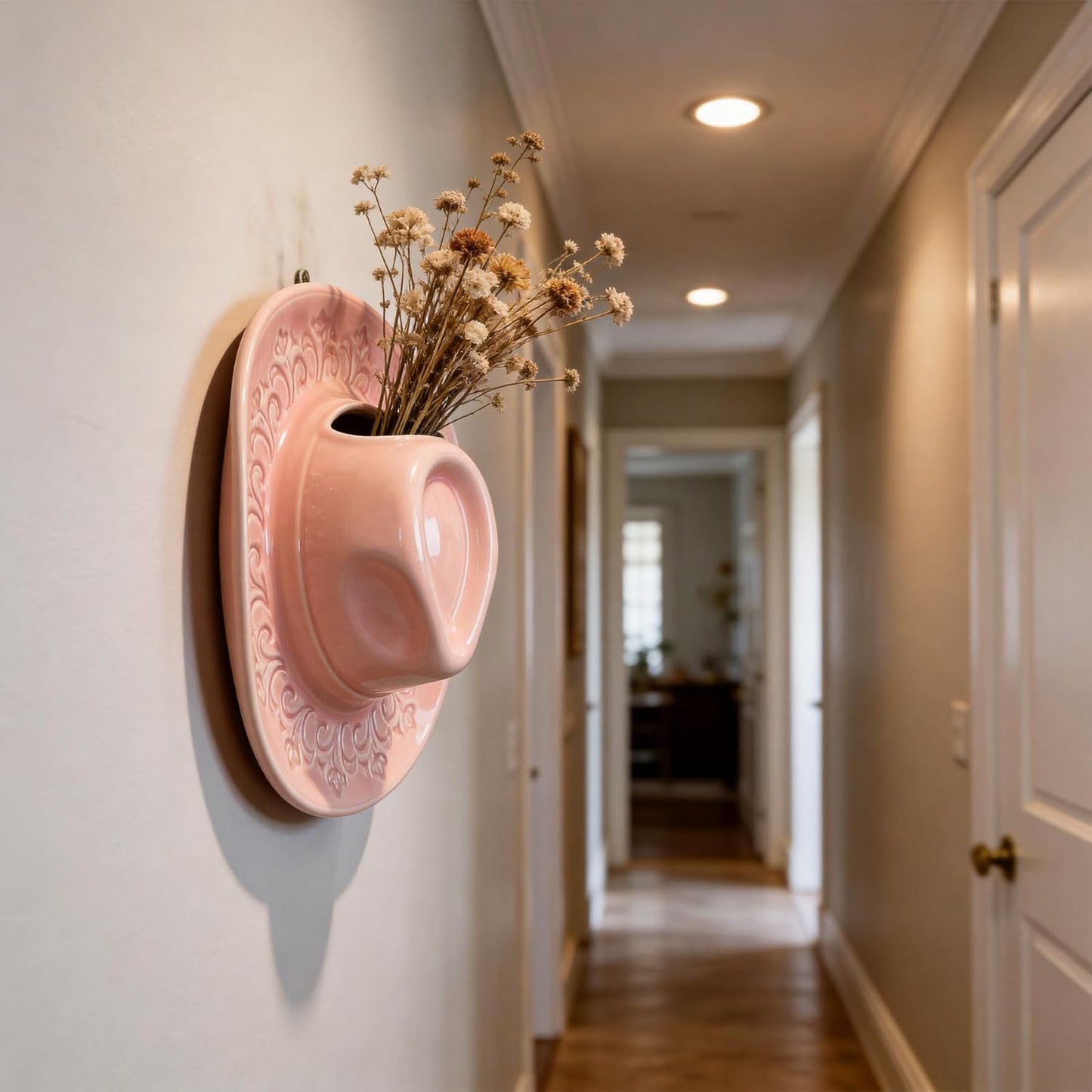 Ceramic Cowboy Hat Vase - 8.2" Pink Handmade Hanging Flower Planter, Western Boho Room Decor & Coastal Cowgirl Aesthetic Wall Art for Home Decor