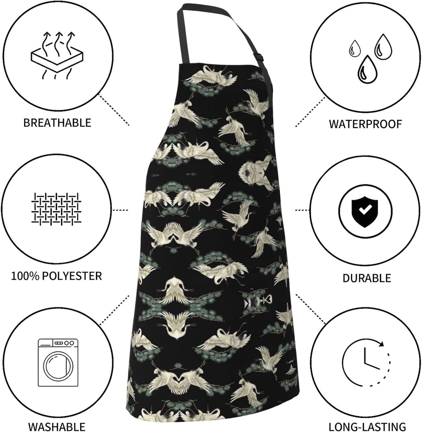 Japanese Crane & Pine print Waterproof apron with pocket adjustable cooking apron for adult kitchen bibs to bake