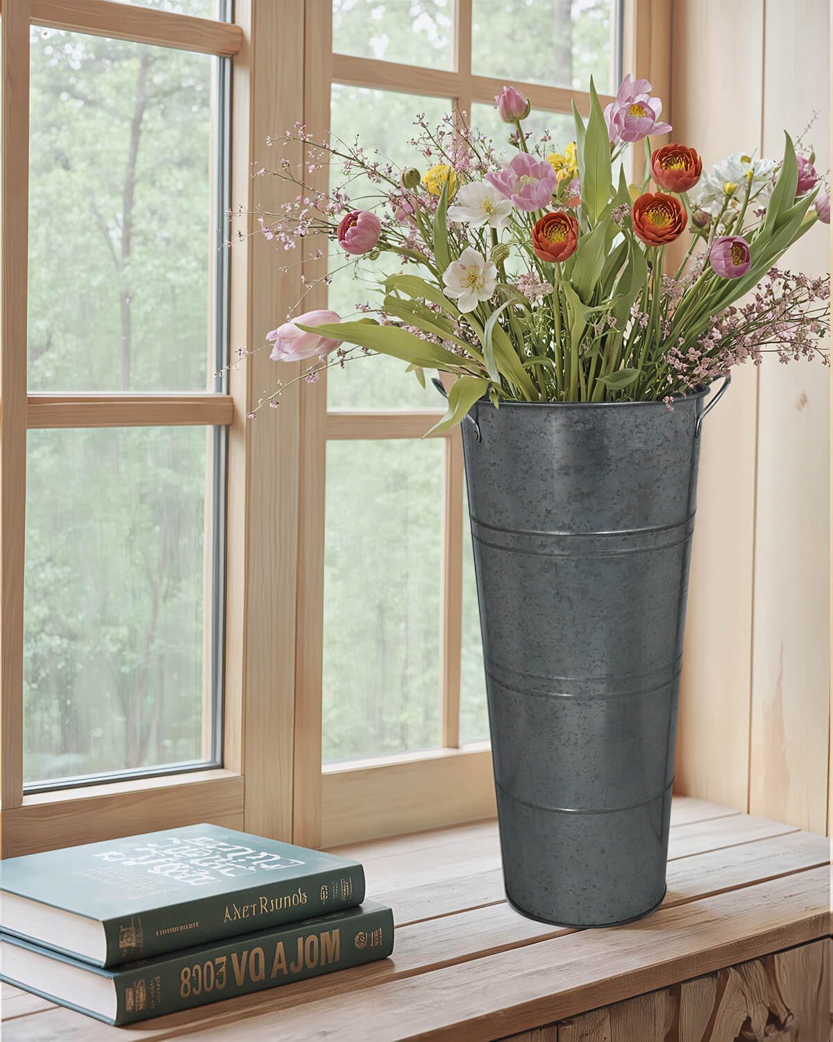 vensovo Metal Flower Bucket Vase, 15 Inch Tall Transparent Black Rustic Farmhouse Centerpiece for Spring Home Decor & Wedding, Set of 2