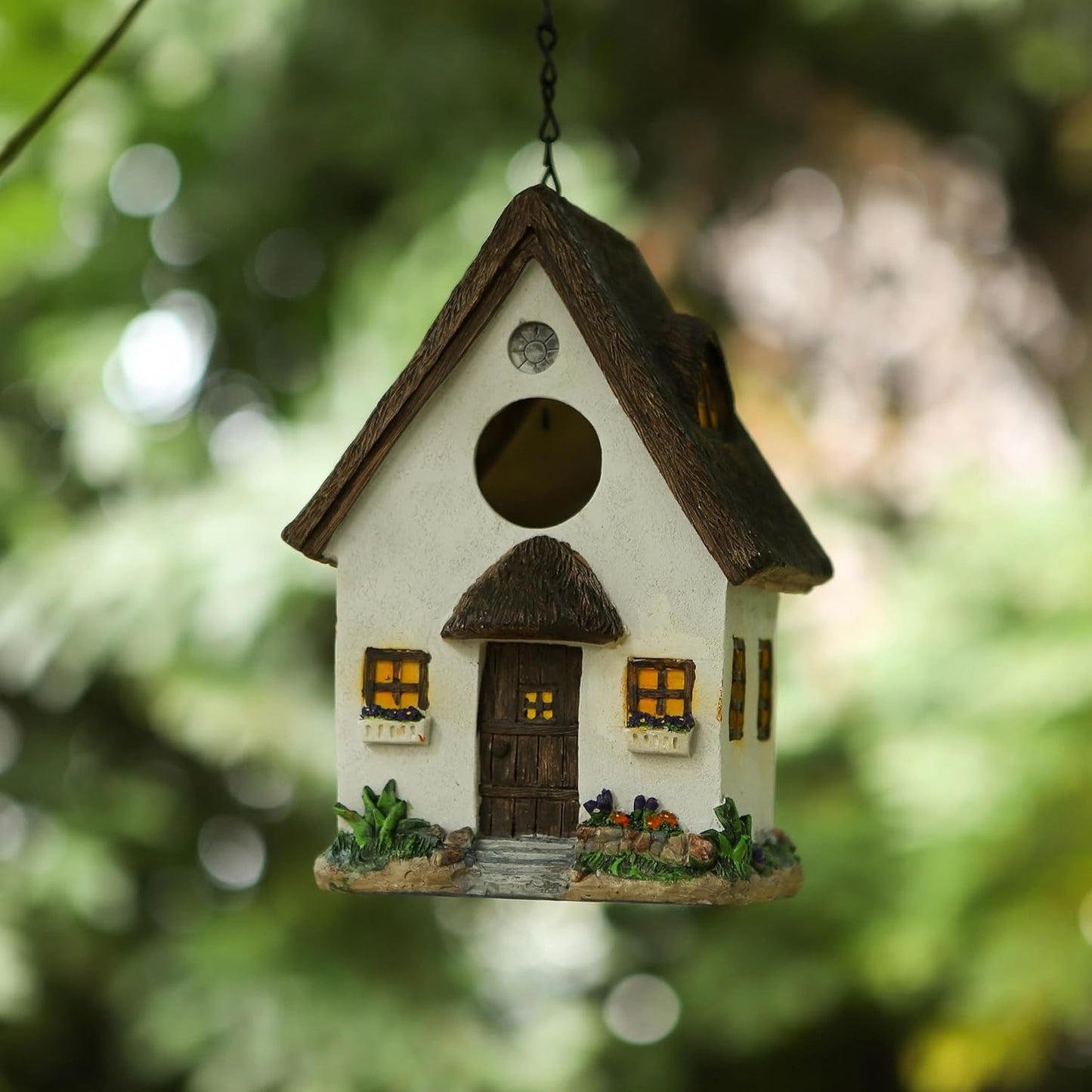 White Resin Cottage Bird House Brown Roof, 1.5" Entry Hole for Small Birds Wrens Sparrows, Rustic Cottage Style Nesting Box, Weatherproof Backyard Garden Decoration