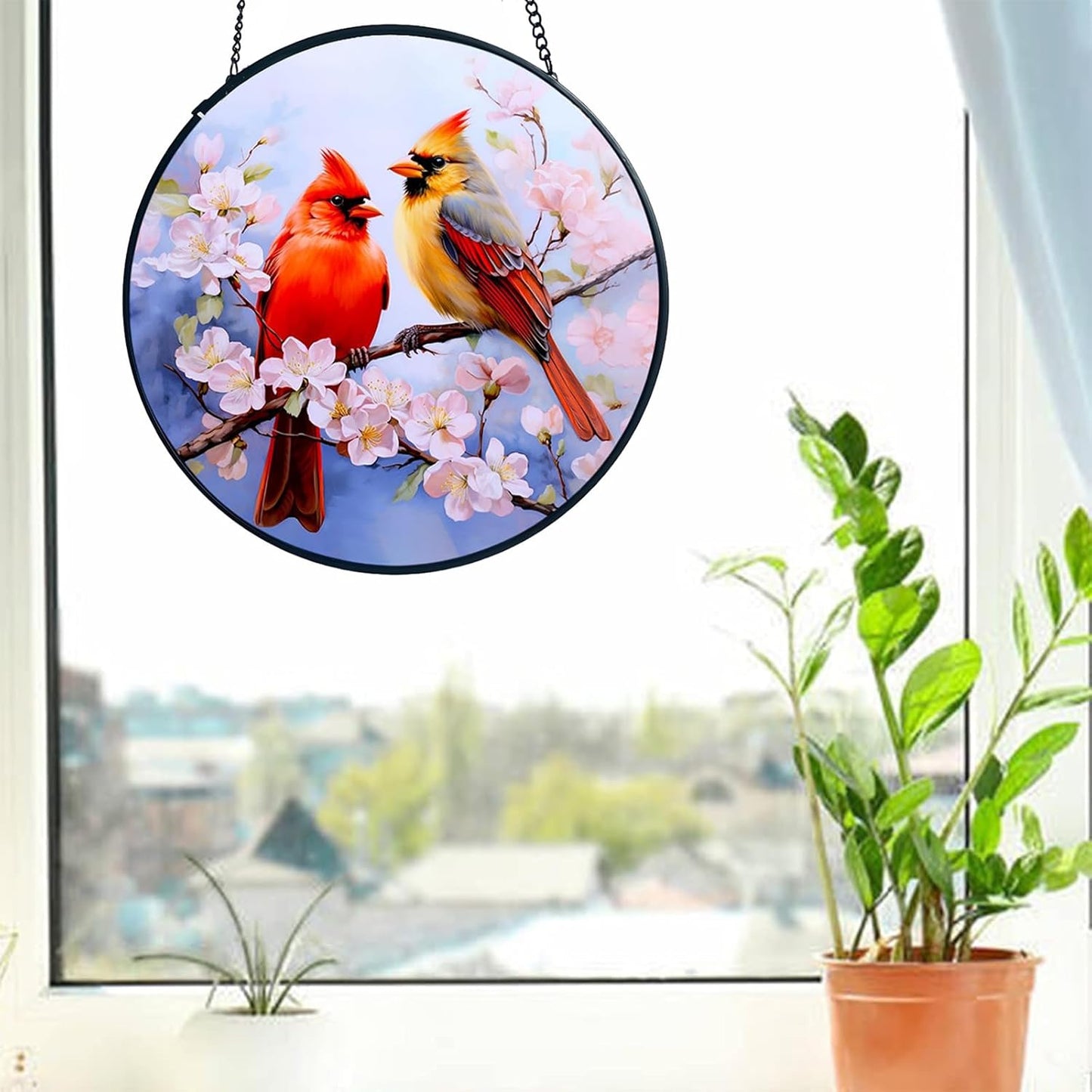 RIVEENY Cardinal Sun Catcher Stained Glass, Cardinal Gifts for Women, Stained Glass Window Hanging for Birds Lover, Red Birds Suncatchers for Windows