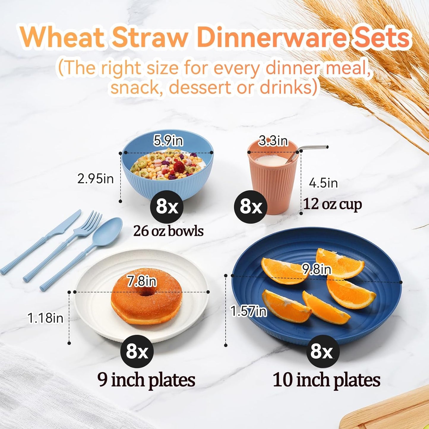 Wheat Straw Dinnerware Sets,64-Piece Black Plates and Bowls Sets for 8