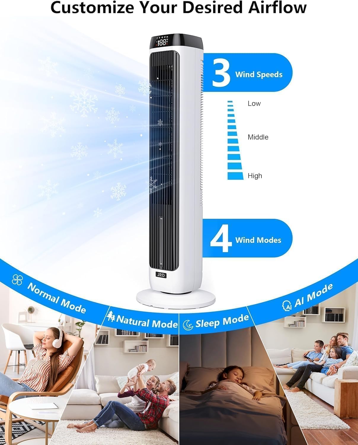 JRD 41" Evaporative Cooler with 3 Speeds, 5 Modes, Remote, 80° Oscillation Swamp Cooler with 12H Timer, Bladeless Tower Fan Cooling Fan for Bedroom Office Home