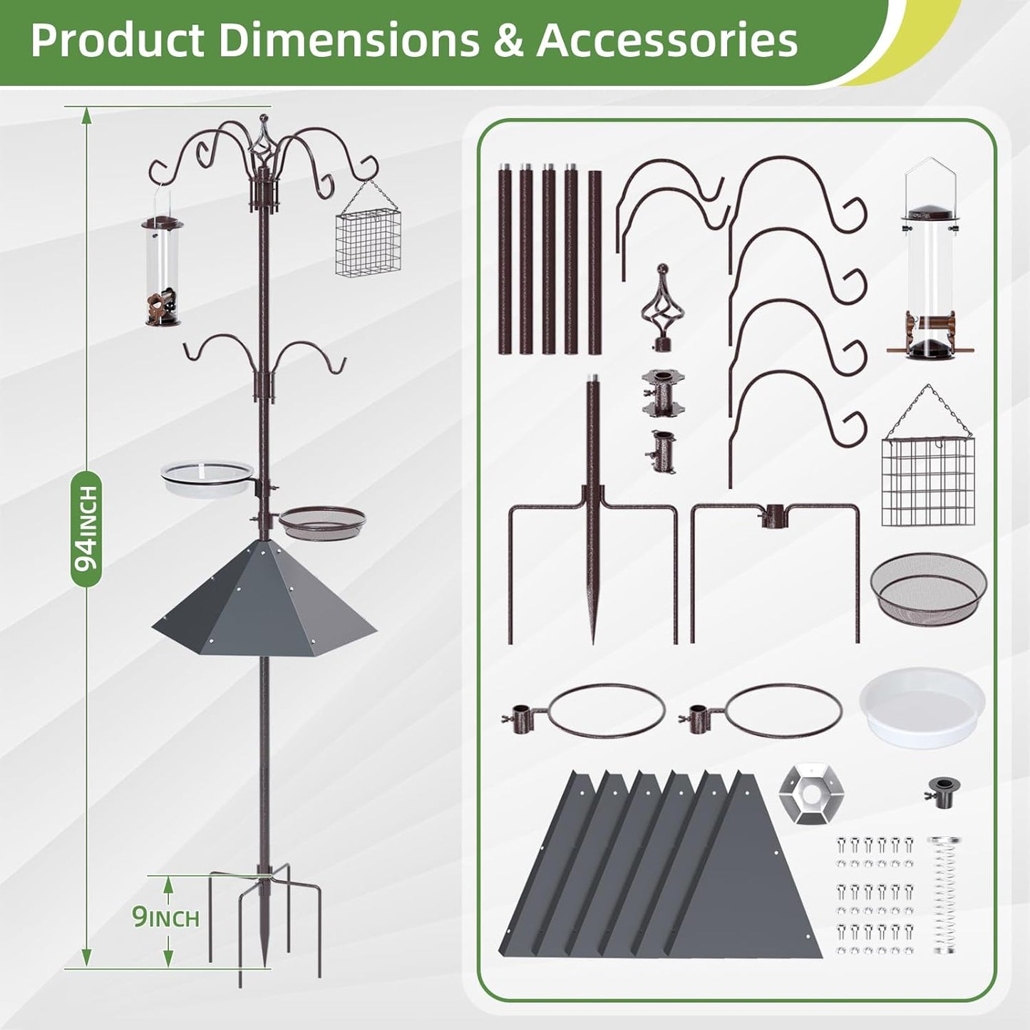 94" Bird Feeding Station Kit with Metal Squirrel Baffle, Heavy Duty Metal Bird Feeding Station with Seed Tray＆Mesh Basket, Easy Assembly Ground Mounted Bird Feeder Pole for Garden Yard Outdoor