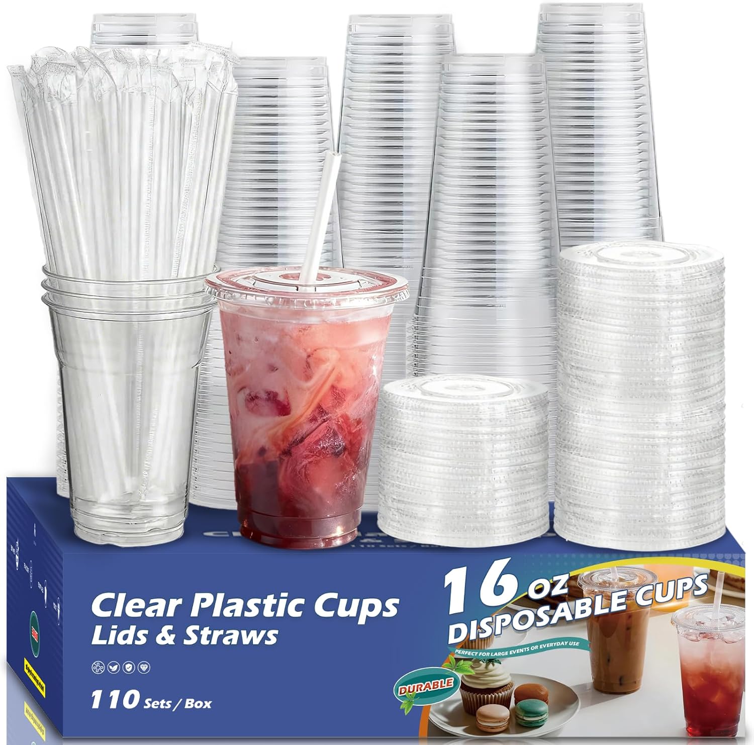 110 Pack 16 oz Plastic Cups with Lids and Straws,Sturdy Disposable Ice