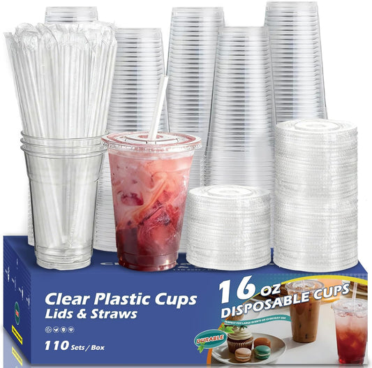 110 Pack 16 oz Plastic Cups with Lids and Straws,Sturdy Disposable Ice