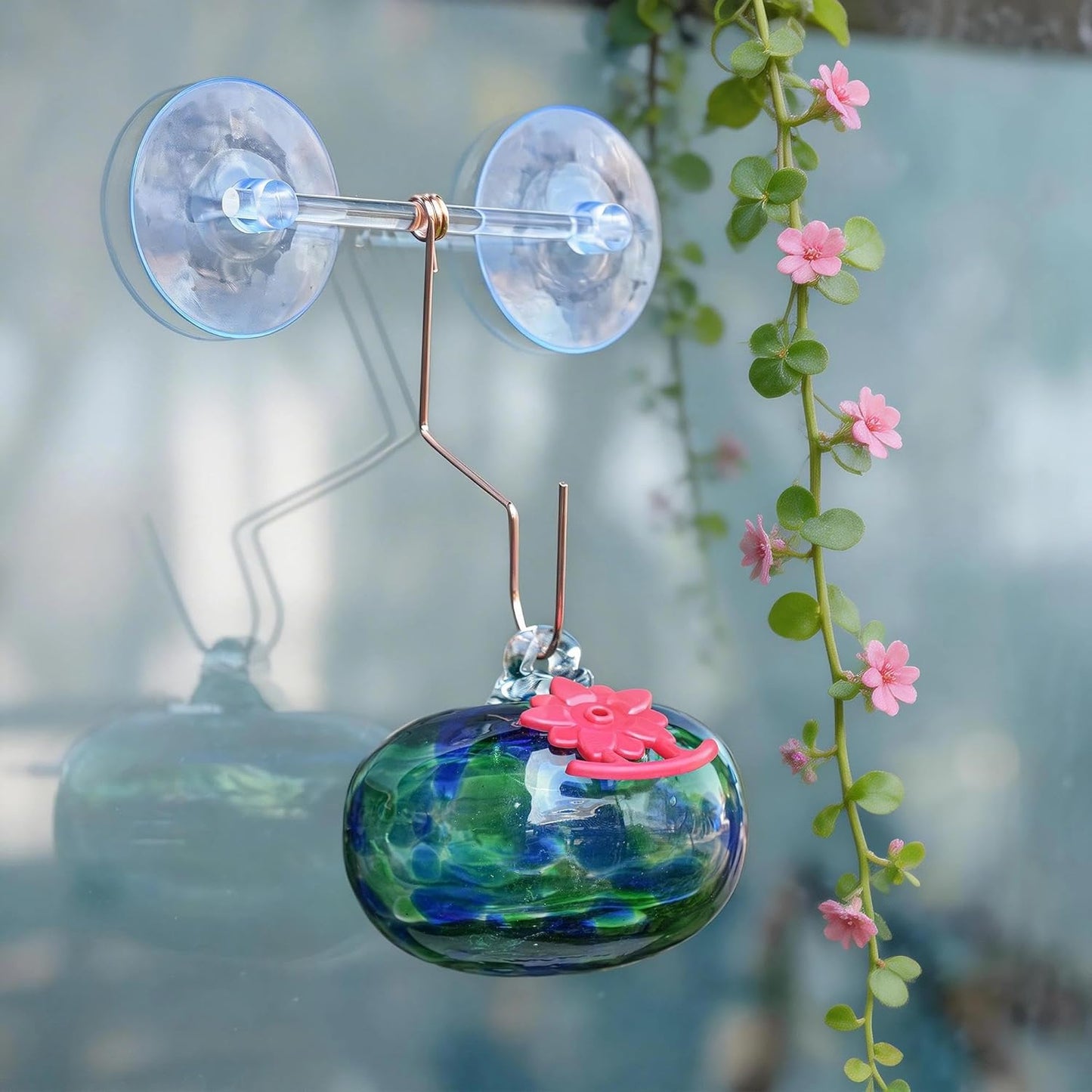 QFkris Blown Glass Hummingbird Feeder with Suction Cups for Window, Sm
