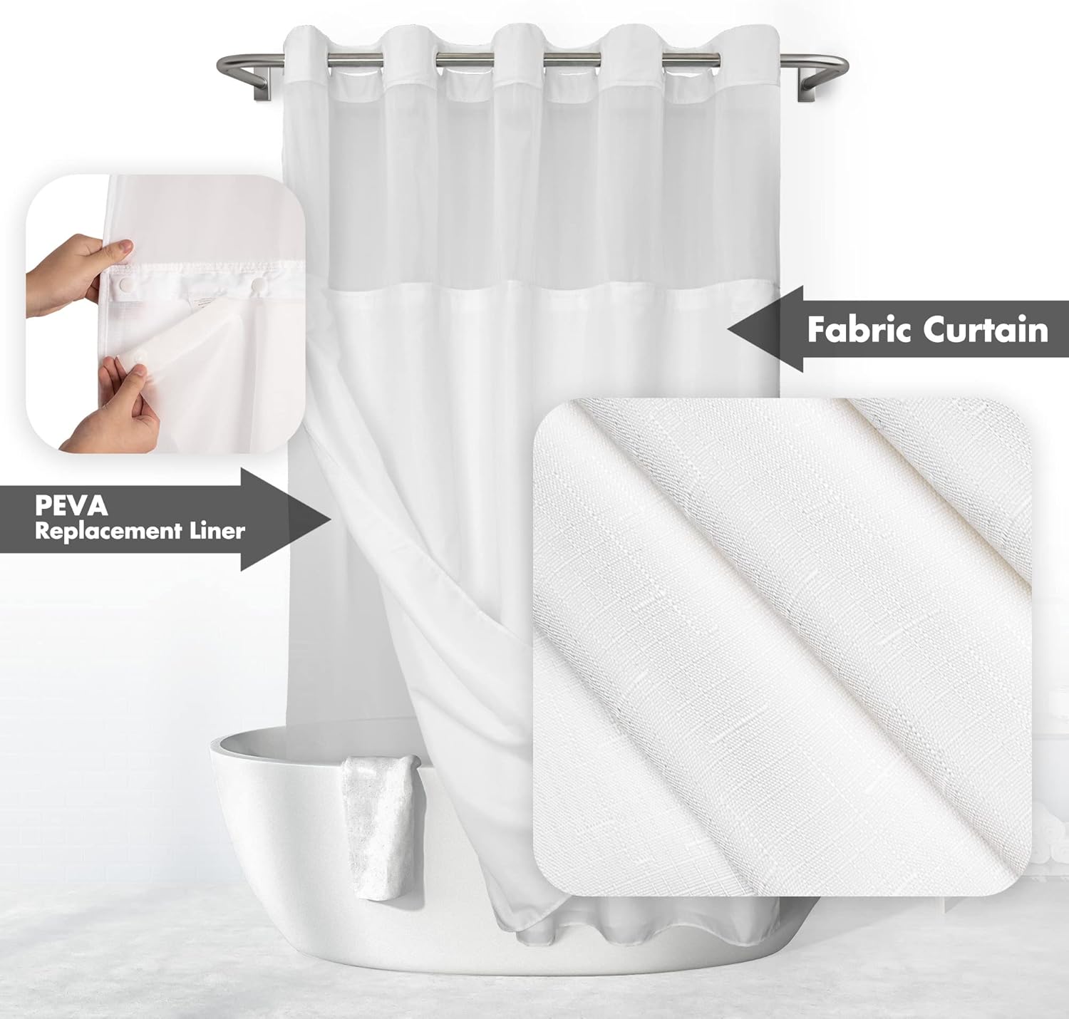 River Dream No Hook Slub Textured Shower Curtain with Snap-in PEVA Lin