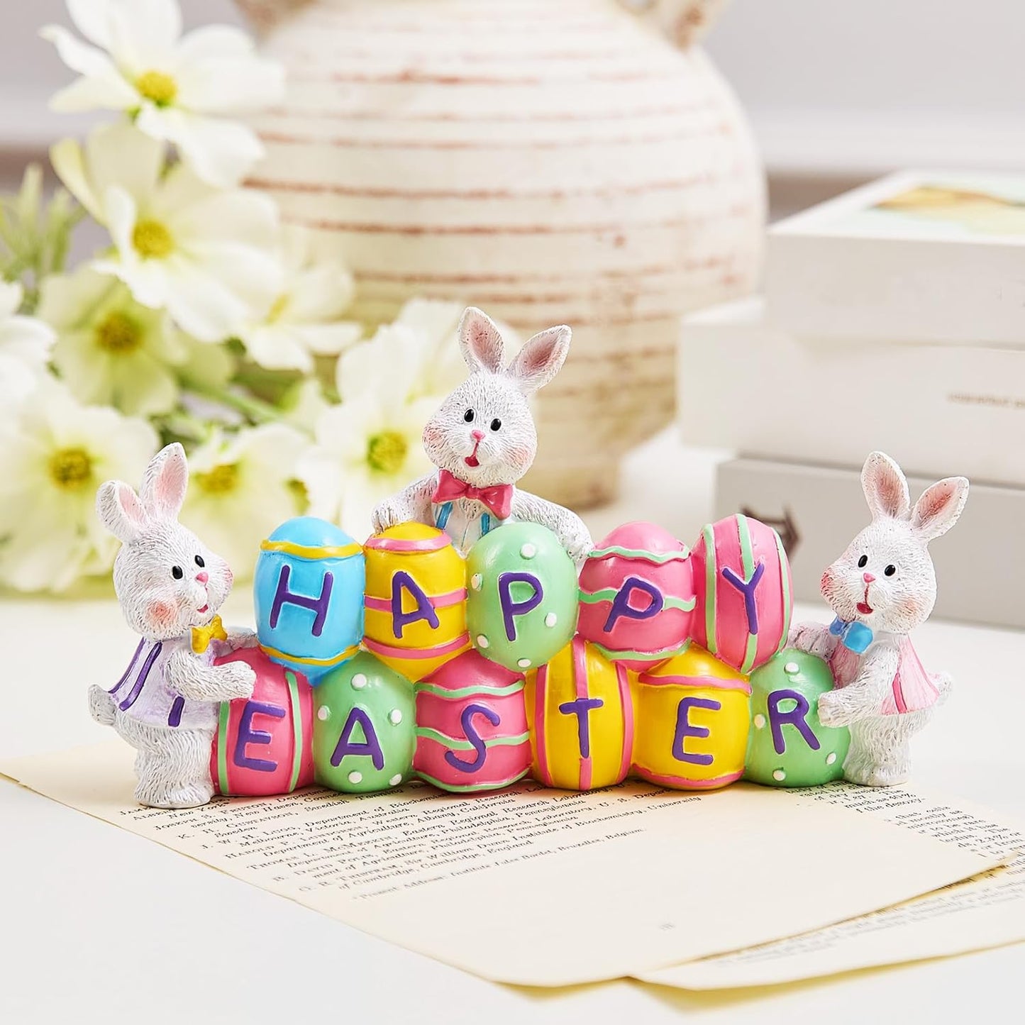 3 Bunny Holding Eggs and Happy Easter Decorations, Resin Easter Bunny 