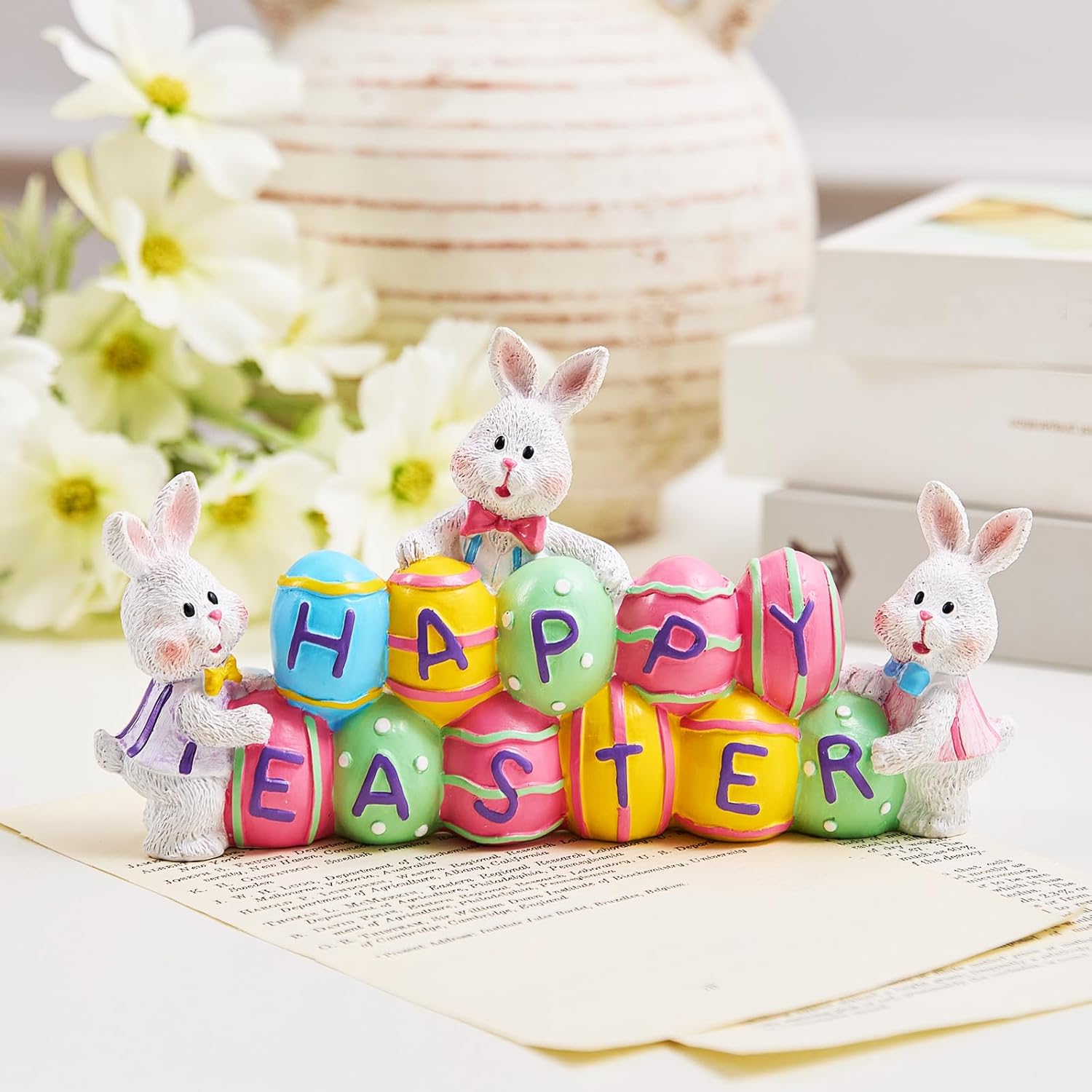 3 Bunny Holding Eggs and Happy Easter Decorations, Resin Easter Bunny 