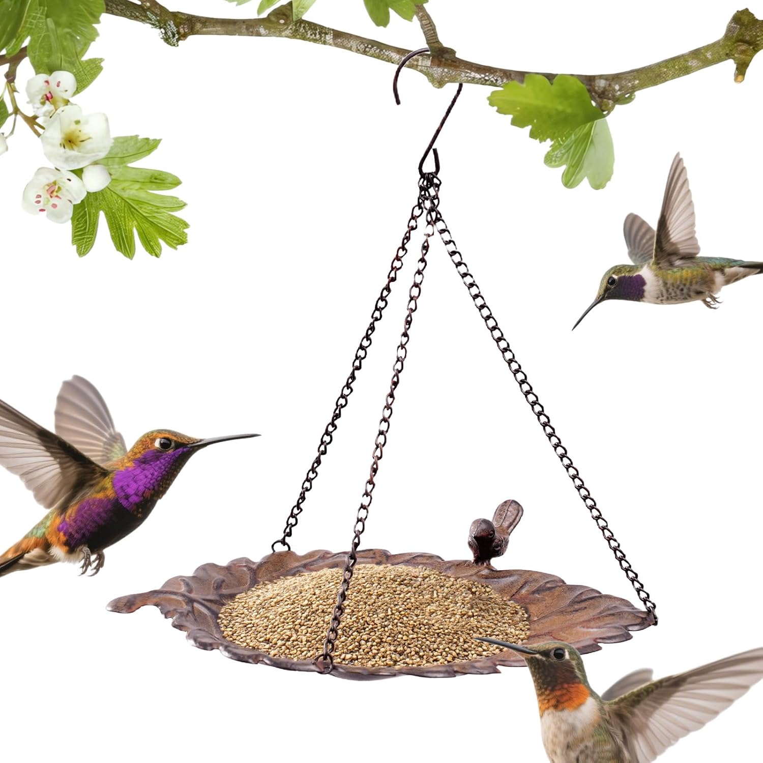 Hanging Bird Bath Feeder, Metal Hanging Bird Feeder Leaf Design, Rust 