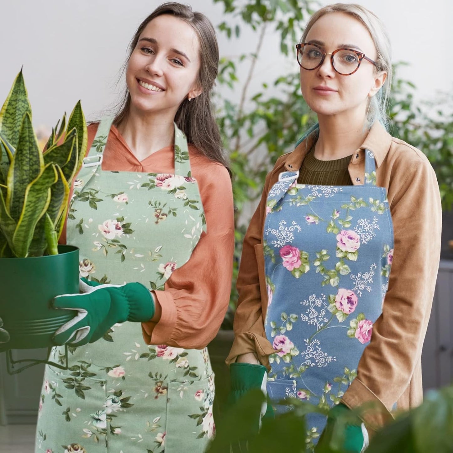 Floral Aprons for Women, 2 Pack Kitchen Aprons with Pockets for Cookin
