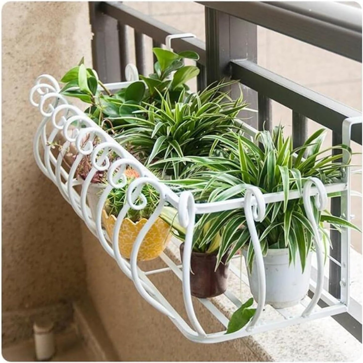 Wall-Mounted Railing Planter, Iron Fence Planters for Potted Plants & Succulents, Balcony Window Sill Flower Stand, Decorative White (100x28x22cm)