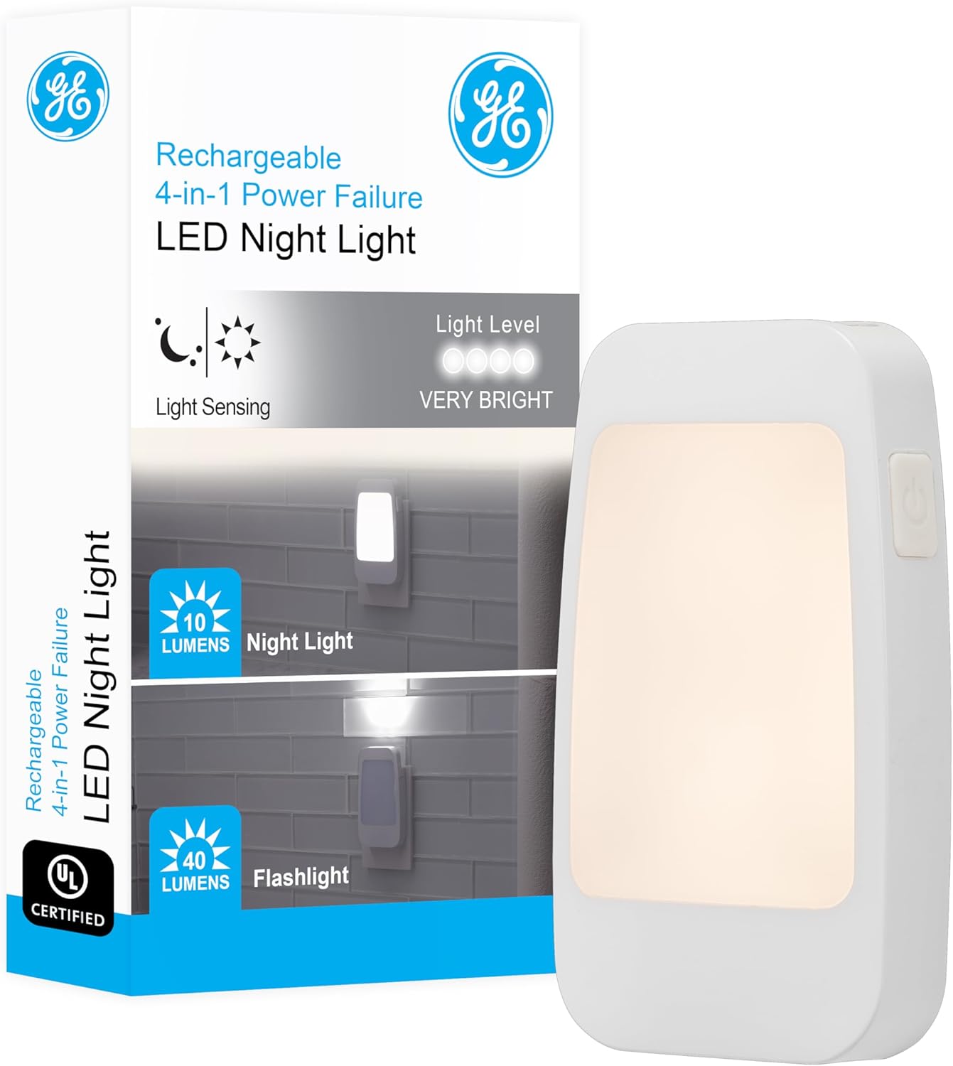 GE 4-in-1 LED Power Failure Night Light, Dusk-to-Dawn Sensor, Foldable Plug, Portable, Flashlight, Ideal for Storm, Outage, Emergency, Blackout, Hurricane, Tornado, White, 29679