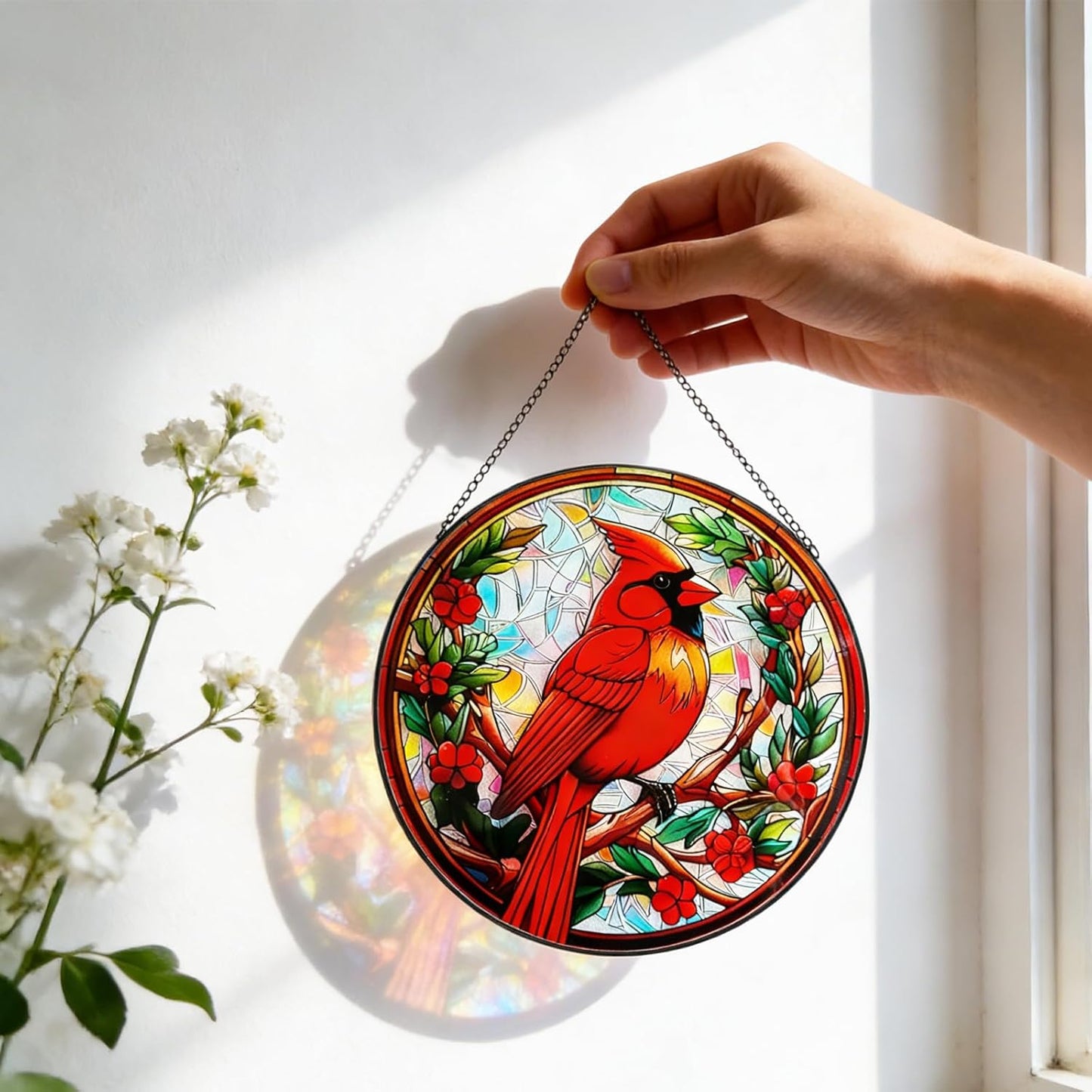 7.87" Cardinal on Branch Stained Glass Window Hanging,Red Bird Memorial Suncatcher,Bird Ornaments，Cardinal Gifts for Women Mom Grandma