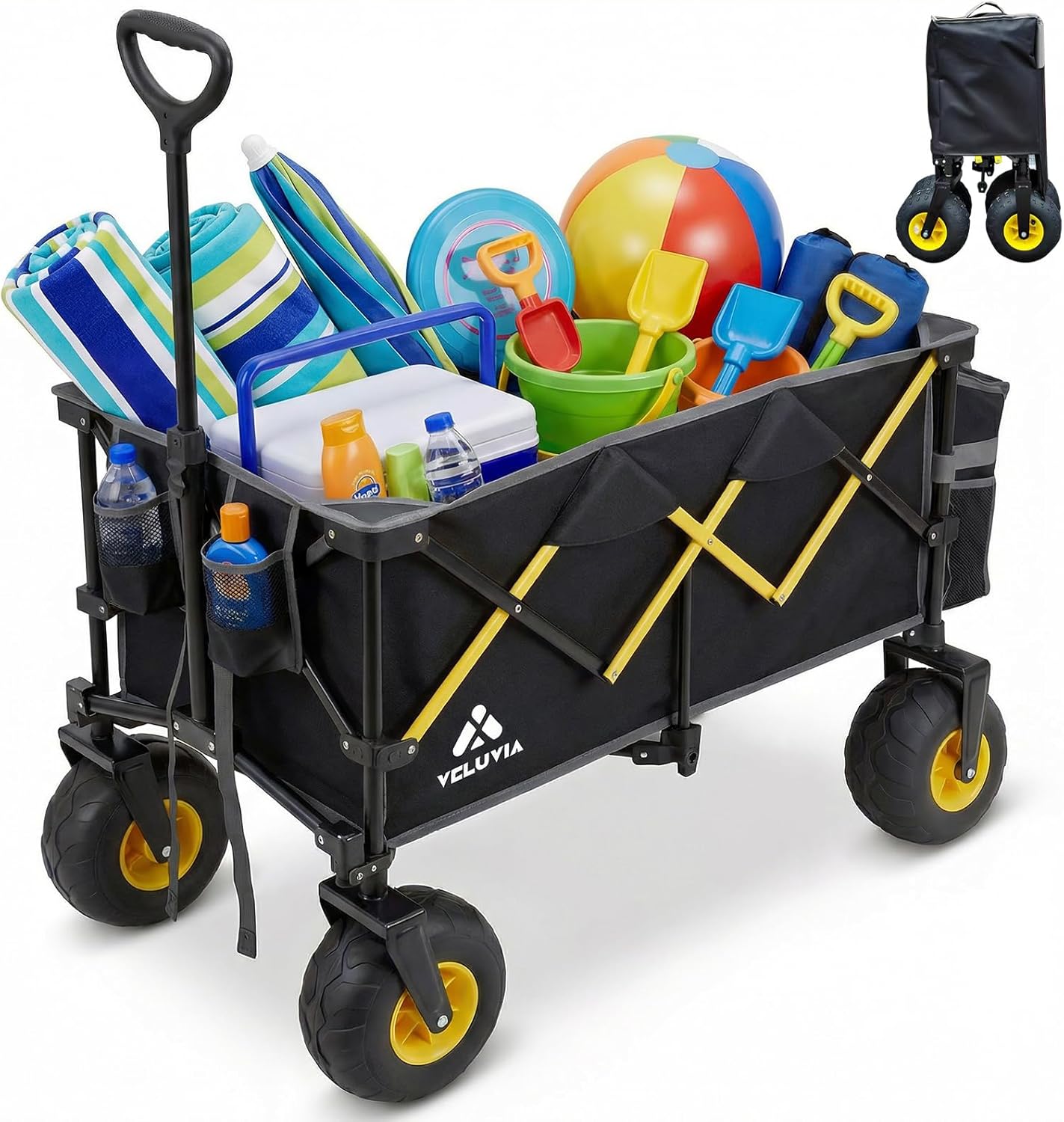 Beach Wagon with Big Wheels - Heavy Duty Foldable All Terrain Cart with 9" Balloon Wheels for Sand - Large Collapsible Beach Dolly with Upgraded Sand Tires & Detachable Cooler Bag, Black
