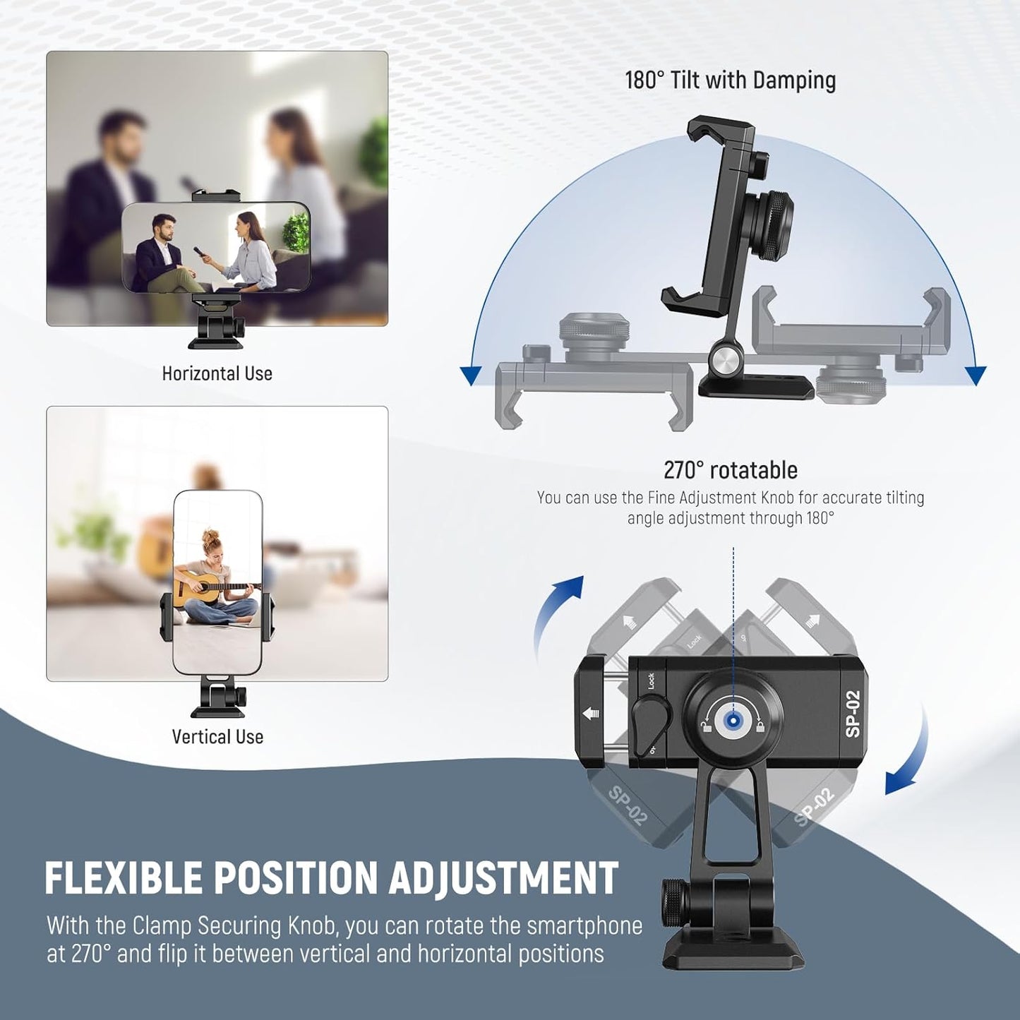 NEEWER Metal Phone Tripod Mount Adapter with Arca QR Base, Cold Shoe, 360° Swivel 180° Tilt, Phone Holder Compatible with iPhone 15 Pro Max Galaxy S24