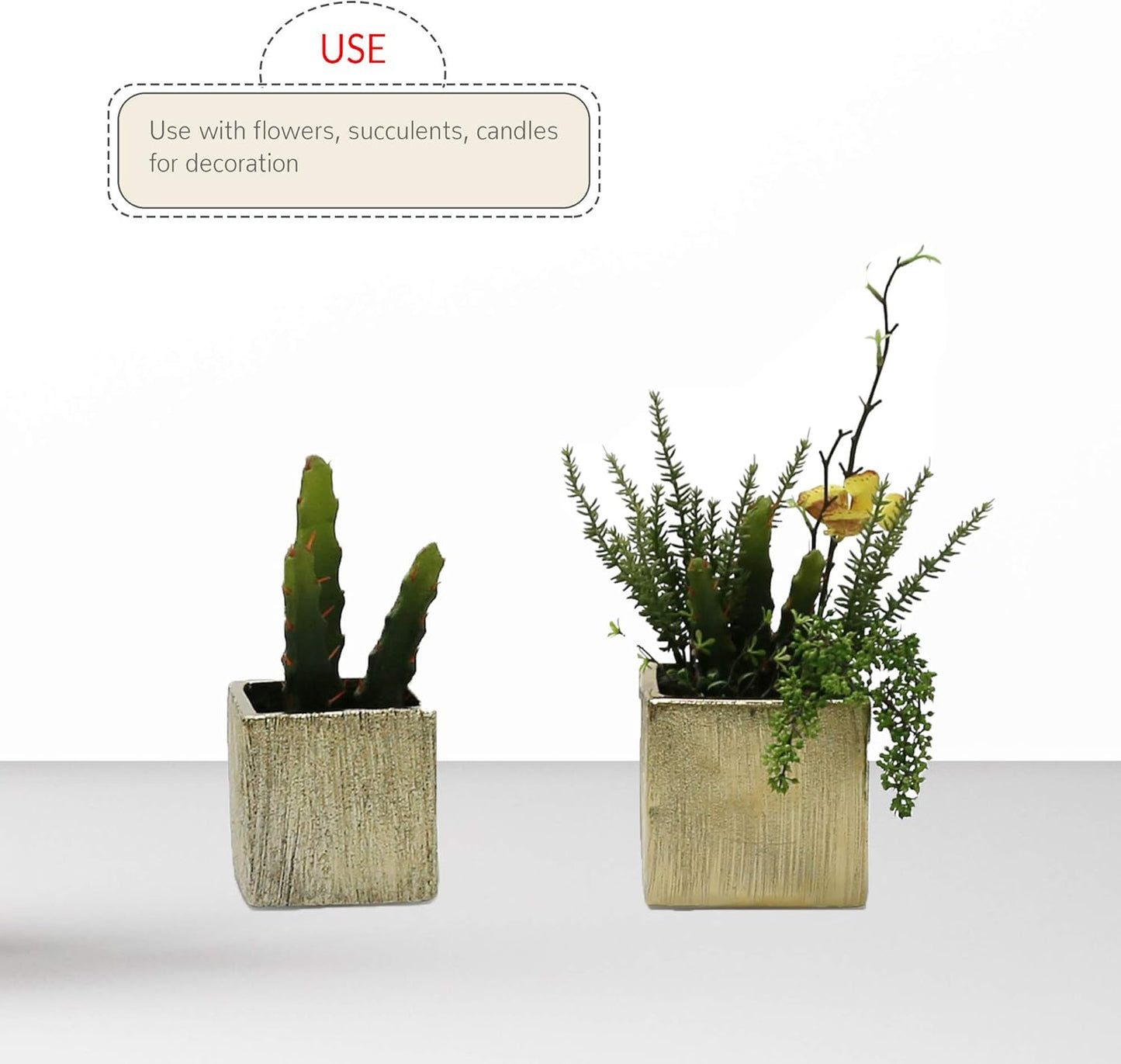 WGV Ceramic Cube Vase Width 4" Height 4" (Fits 3" Pot) Elegant Modern Block Square Floral Planter Terrarium Container Table Dresser for Event Accent Home Office Decor Gold Textured 1 Piece