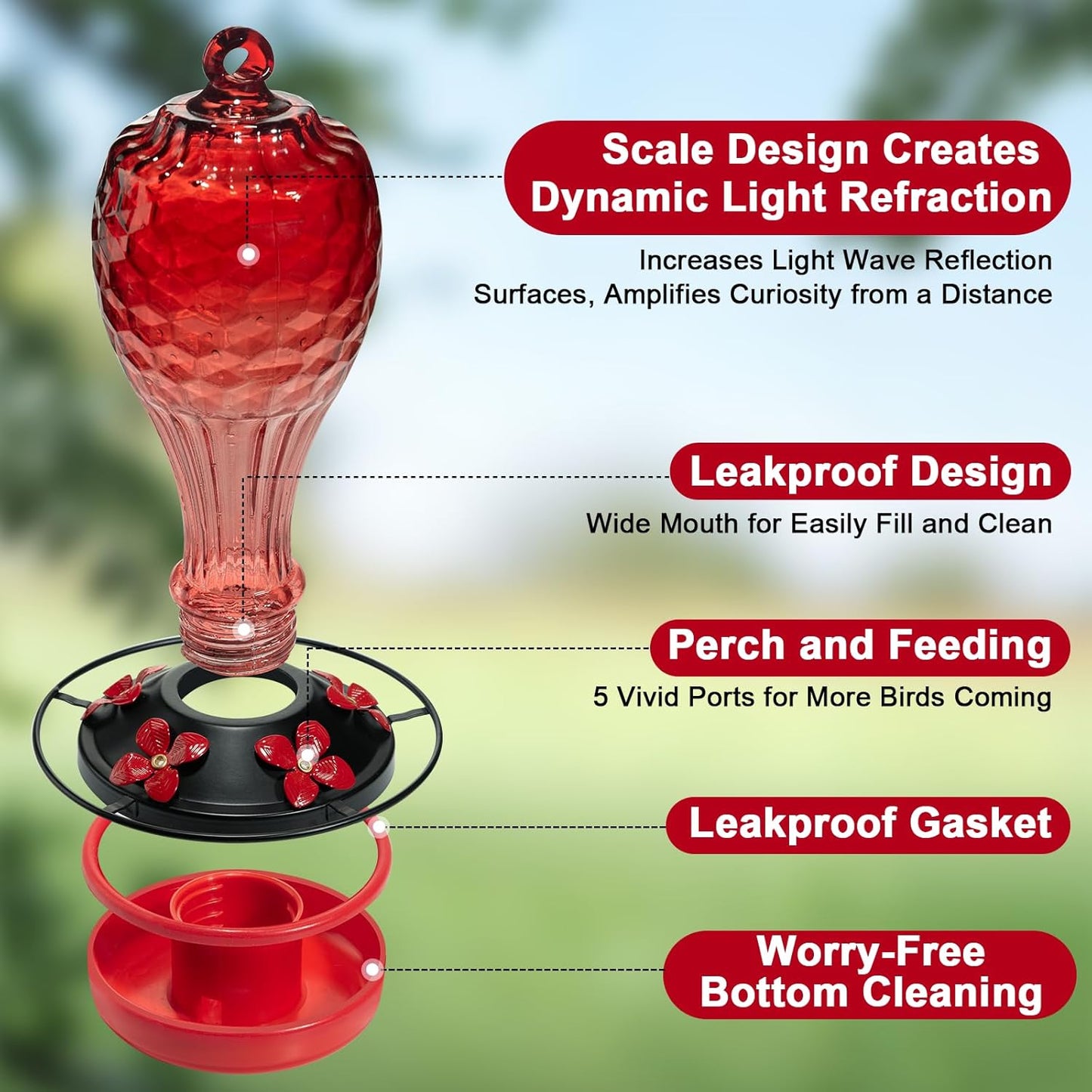 20 OZ Glass Hummingbird Feeders for Outdoors Hanging - Hand-Blown Vibrant Red Reflective Fish-Scale Design - Attracts More Hummingbirds - Leak-Proof Silicone Seal & Ant Moat - Gift for Mom