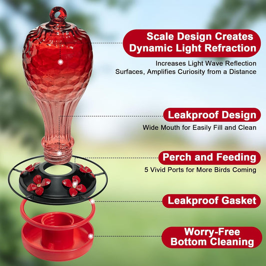20 OZ Glass Hummingbird Feeders for Outdoors Hanging - Hand-Blown Vibrant Red Reflective Fish-Scale Design - Attracts More Hummingbirds - Leak-Proof Silicone Seal & Ant Moat - Gift for Mom