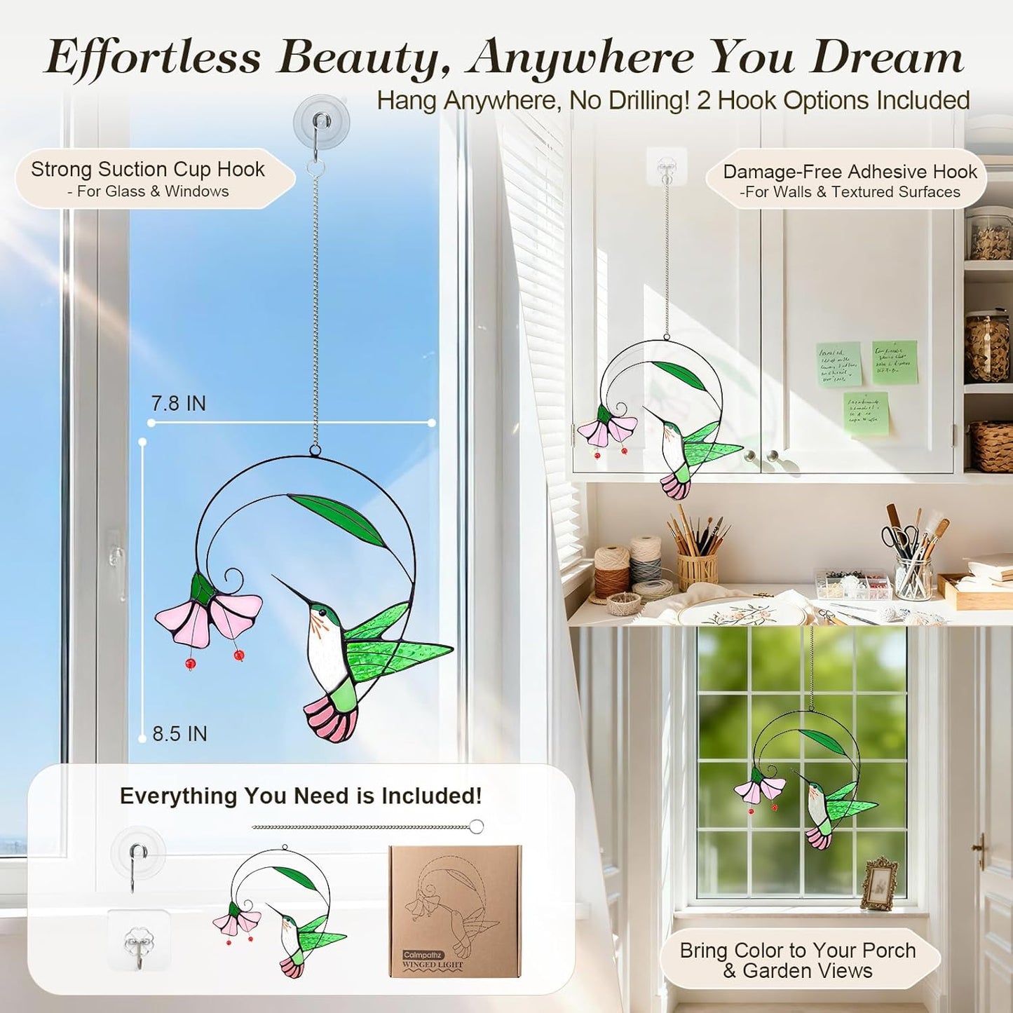 Stained Glass Hummingbird Suncatcher with Flower Branch - Handmade Real Glass Window Hanging, Bird Safe Gift for Women, Mom & Bird Lovers - Vibrant Porch & Kitchen Decor (Green)