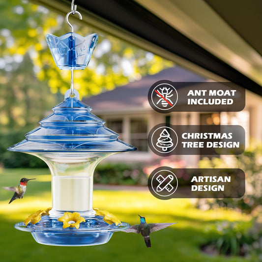 Birdream Hummingbird Feeder for Outdoors Hanging, 20 OZ Humming Birds Feeders with 5 Bee Guard Feeding Ports & Built-in Ant Moat and Brush, Bird Feeder for Outside, Gifts for Women - Blue