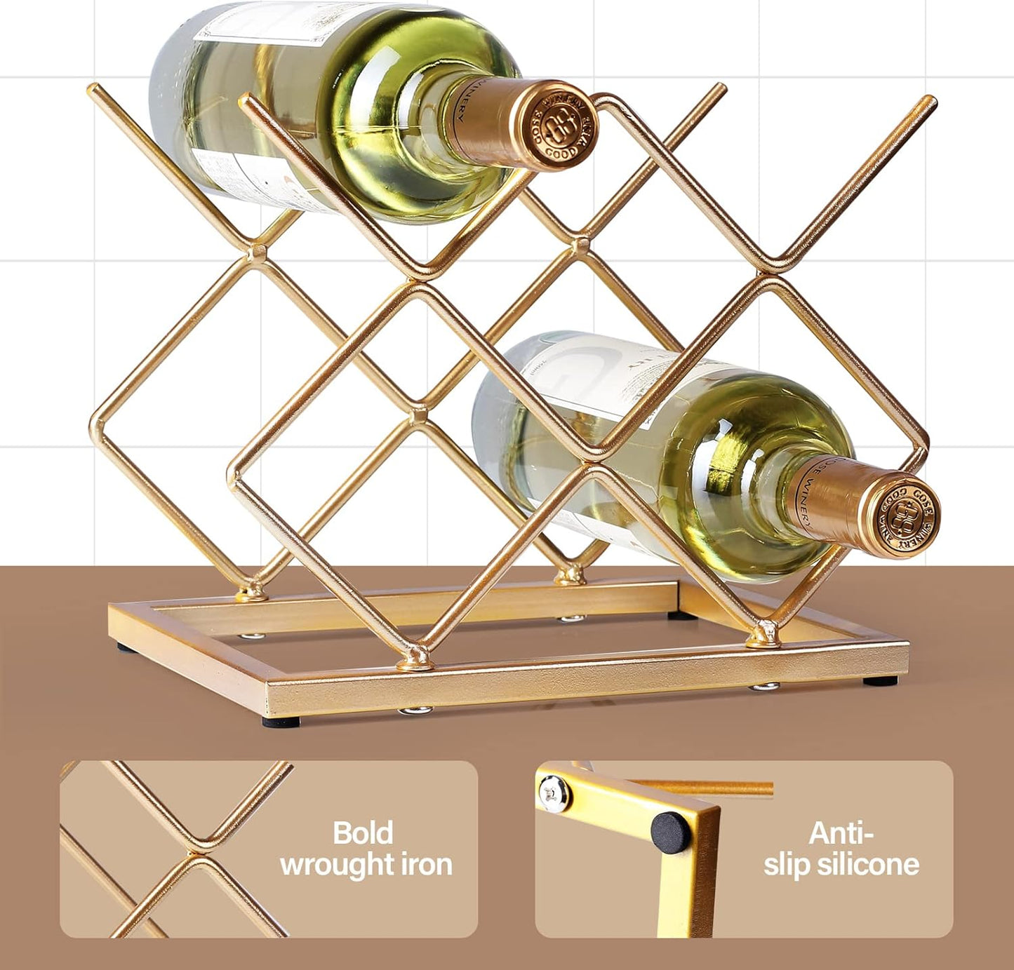 Countertop Wine Rack - 5 Bottle Freestanding Modern Gold Metal Small W