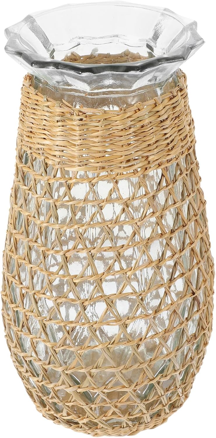 Woven Rattan Glass Vase Decorative Flower Pot for Dried and Fresh Plan