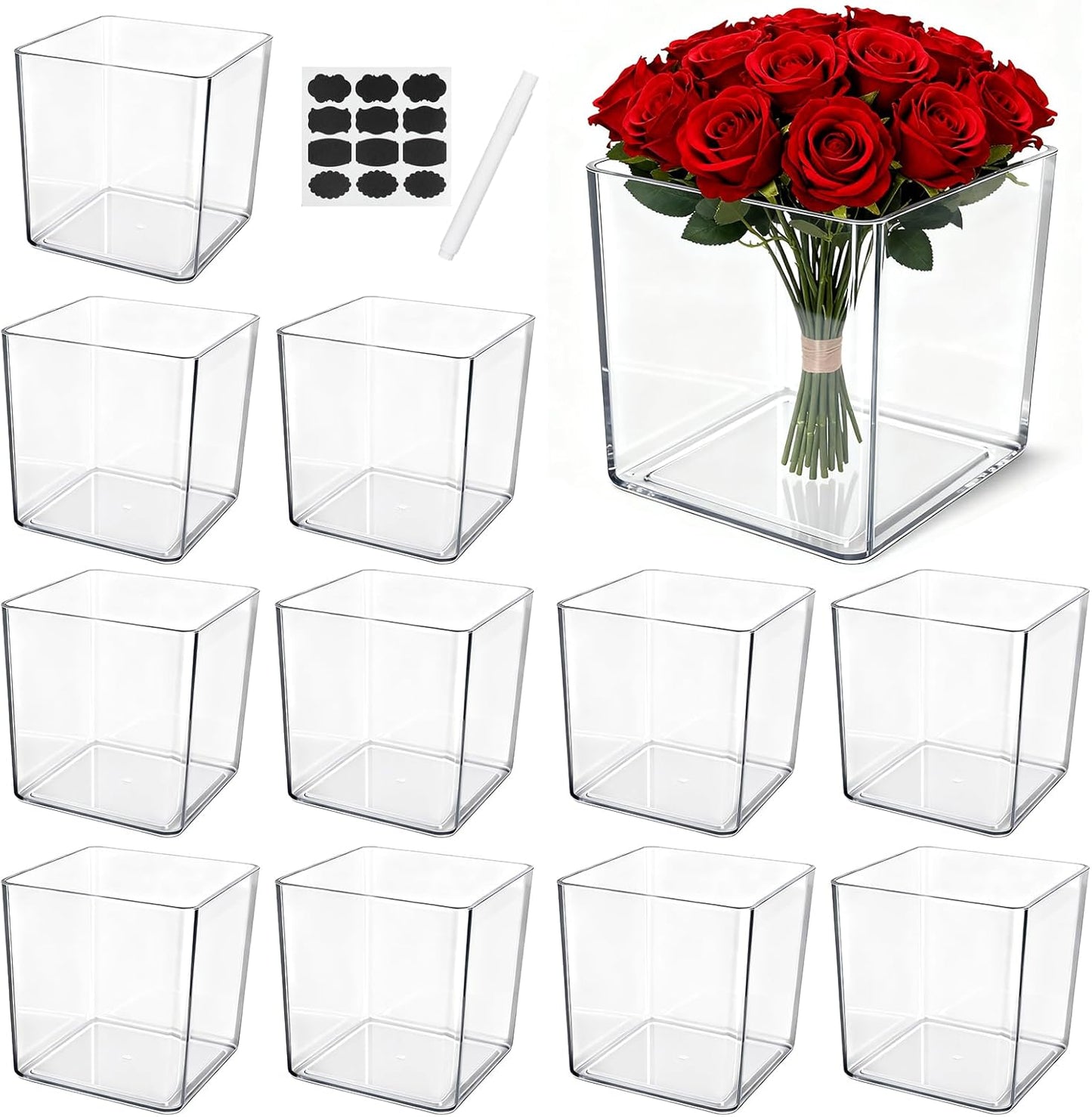 12 Pcs Clear Square Vase Bulk, 5 x 5 Inch Acrylic Plastic Vases, Cube Floral Container, Succulent Pots Planters Decor Container, for Room Office Wedding