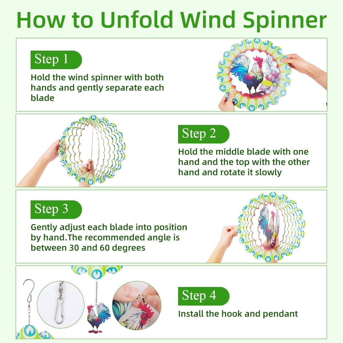 Wind Spinners Outdoor, FACIACC Rooster Metal 3D Hanging Garden Decor, 12-inch Stainless Steel Wind Spinner with Tail Spinner, Wind Sculptures for Indoor Patio Lawn Yard, Ornament Gift for Women/Men