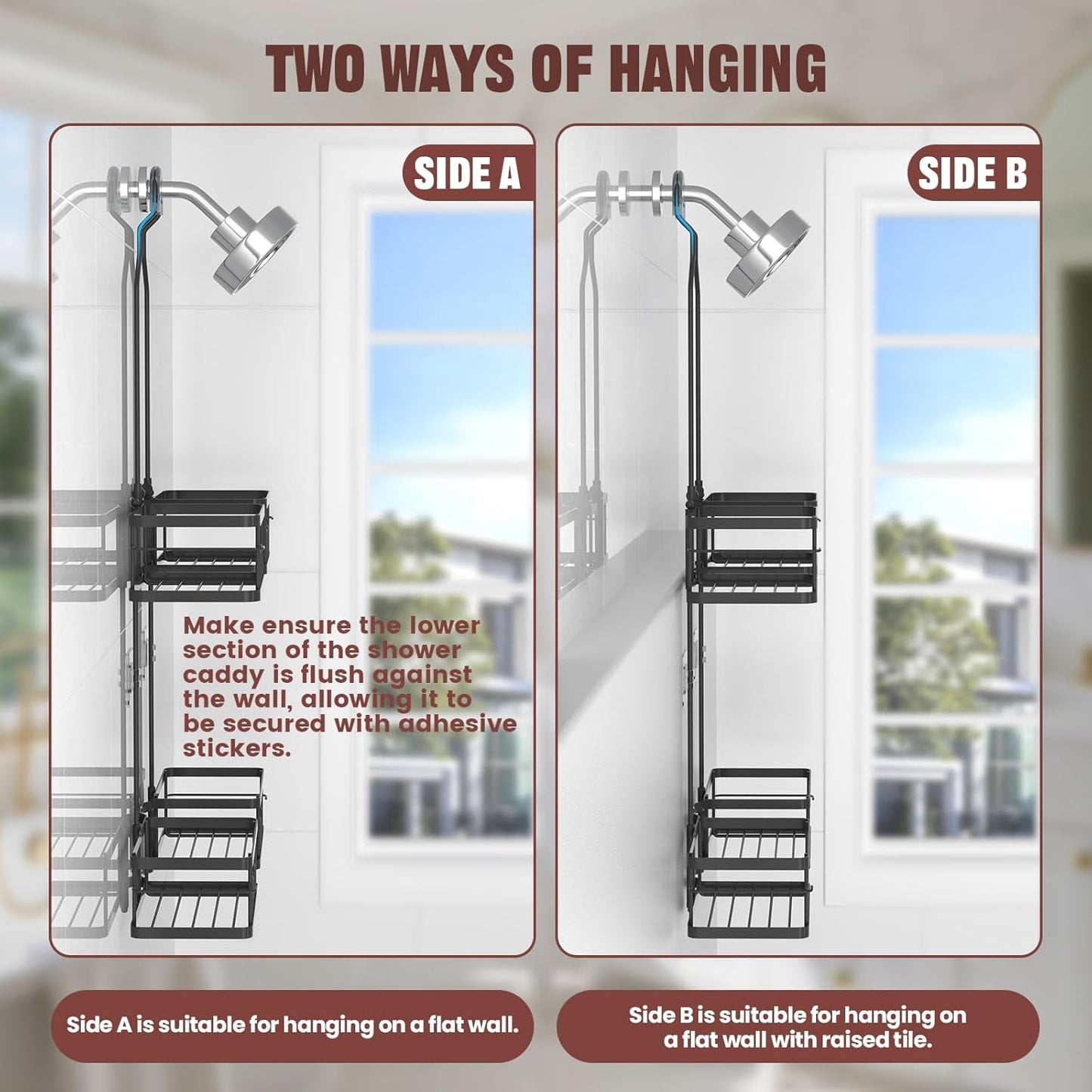 REINHARDT Adjustable Shower Caddy Hanging Rustproof Shower Caddy for Handheld Showerheads, Shower Organizer with Hooks Soap Holder Toothbrush Holder, Anti-Swing Shower Rack Bathroom Accessories, Black