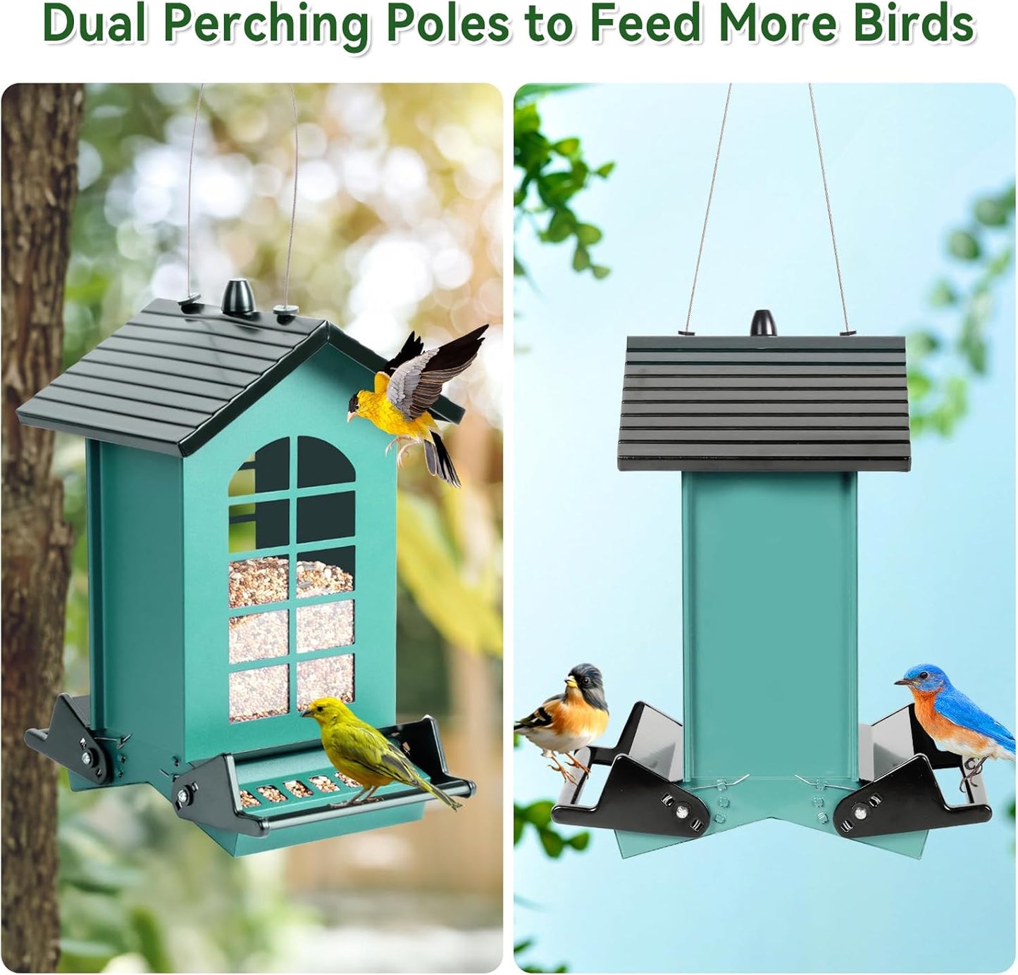 2026 Squirrel Proof Bird Feeder for Outdoors Hanging, 8LBS Metal Hanging Bird Feeder with Bilateral Weight-Activated Perches, Large Capacity Wild Bird Feeder - Squirrel Chewing Proof（Green）