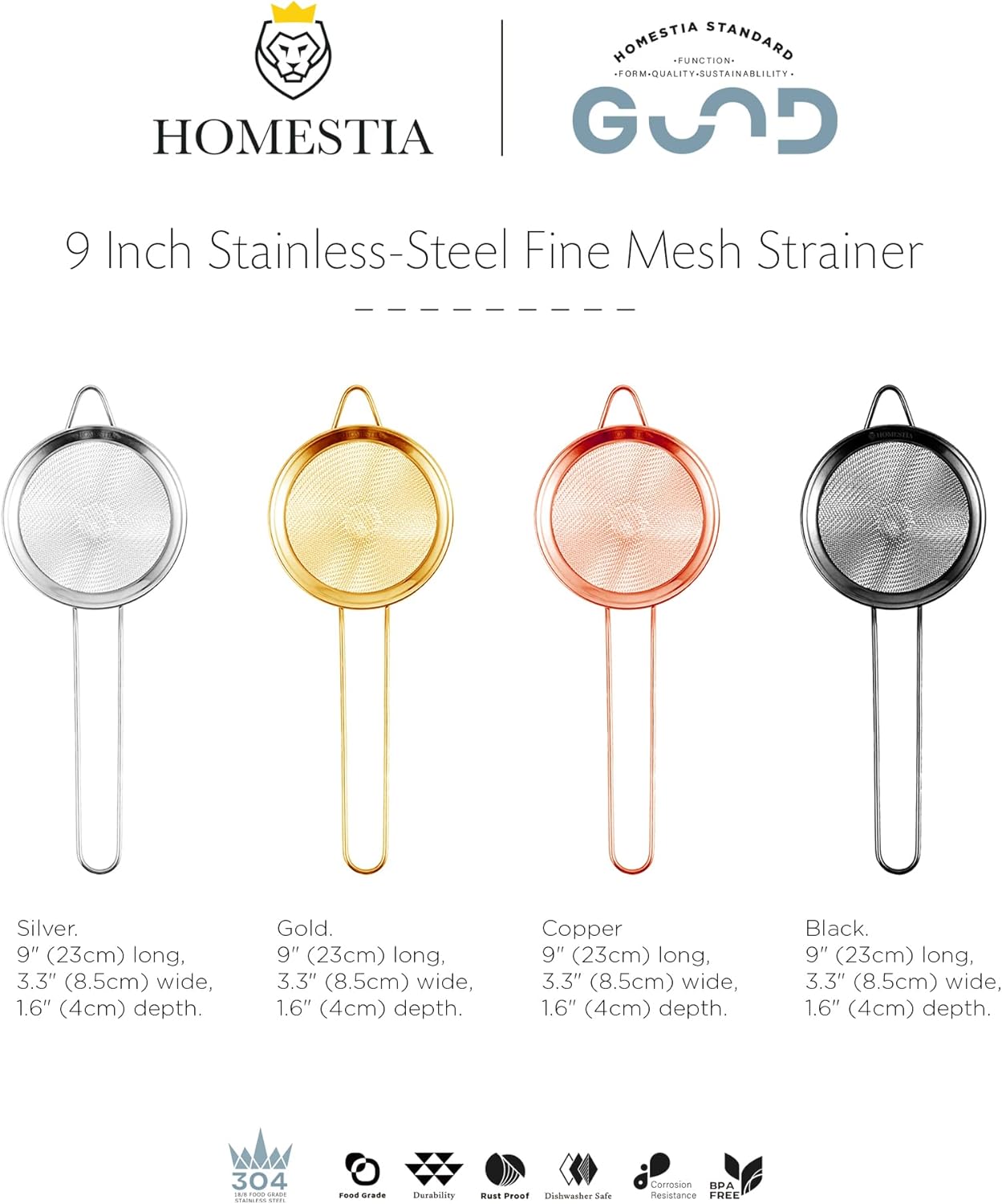 Homestia 3.3" Fine Mesh Strainer for Kitchen, 304 Stainless Steel Cocktail Sieve Sifters For Food, Liquid Drink Strainers Cup for Tea, Rice, Oil, Noodles, Fruits, Vegetables (Silver)