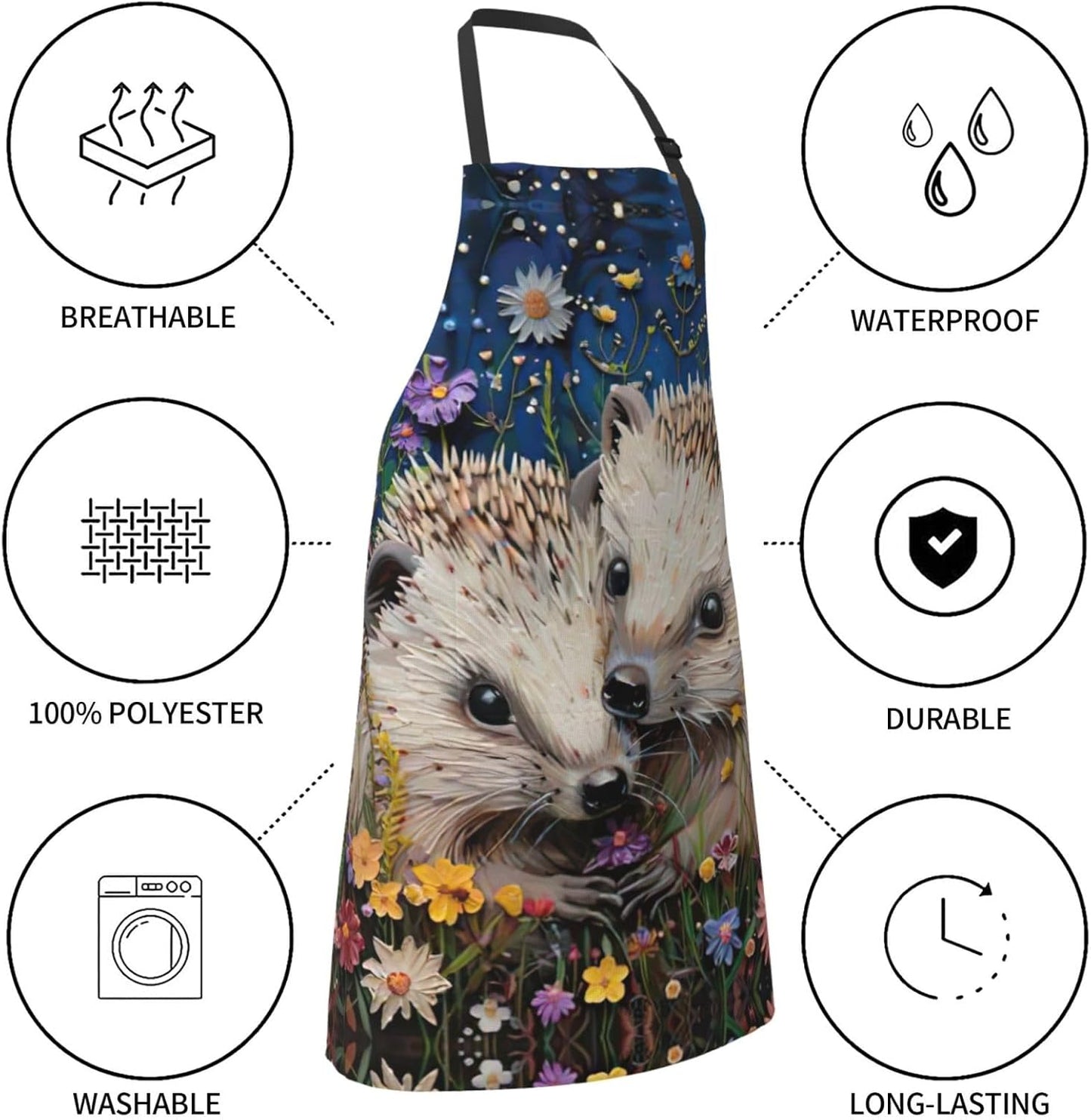 Floral Hedgehogs Print Laundry apron 28x33 In Waterproof Kitchen Apron with Pockets for Cooking Baking