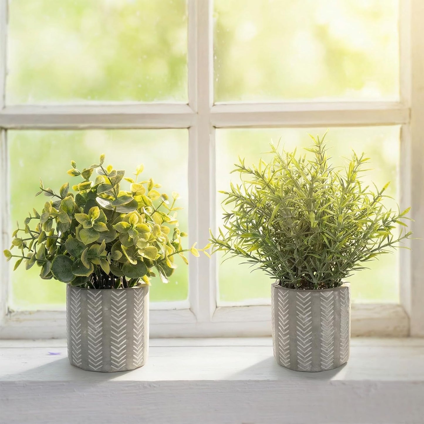 Realistic Fake Plants Boho Geometric Cement Pots Farmhouse Bathroom Decor Rustic Centerpieces for Table Decoration Shelves Faux Eucalyptus Set of 3 in Heavy Concrete Planters